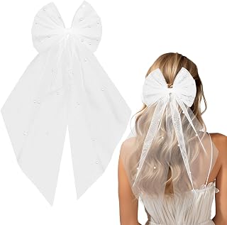Bridal Hair Bow Veil, Elegant Wedding Veil Bridal Hair Clip with Pearl Bow Veils Pins Barrette Wedding Accessories for Women Girls Bridesmaid Favor Bachelorette Party Decorations