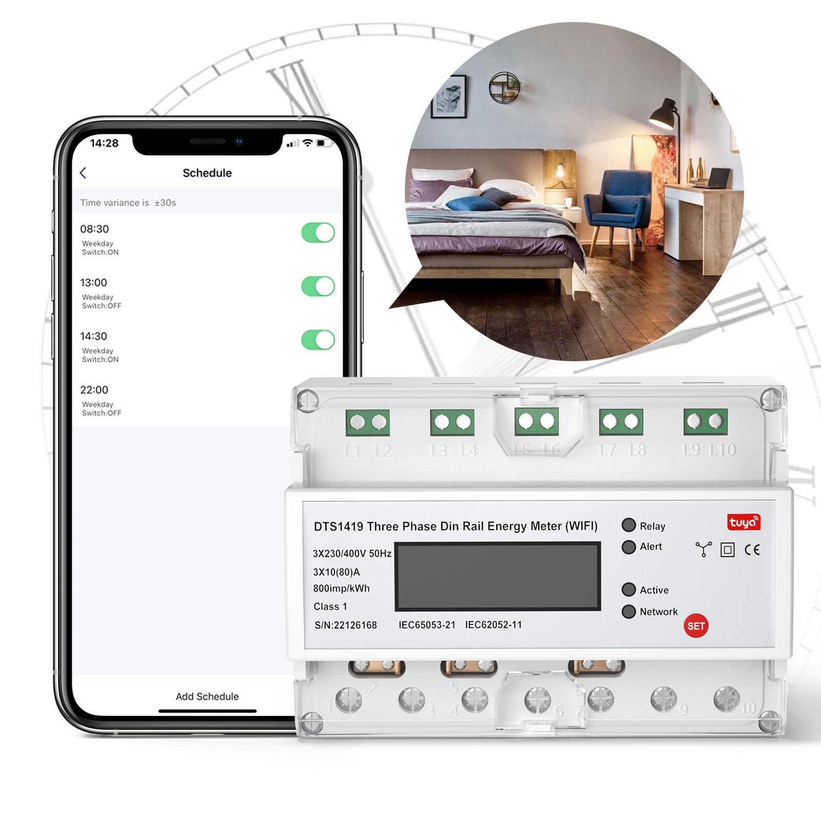 eMylo Medidor de Energía WiFi Inteligente Trifásico, Contador Digital LCD para Riel DIN, Monitor de Consumo Eléctrico 80A 230-400V, Control Remoto por App, Compatible con Alexa y Google Assistant