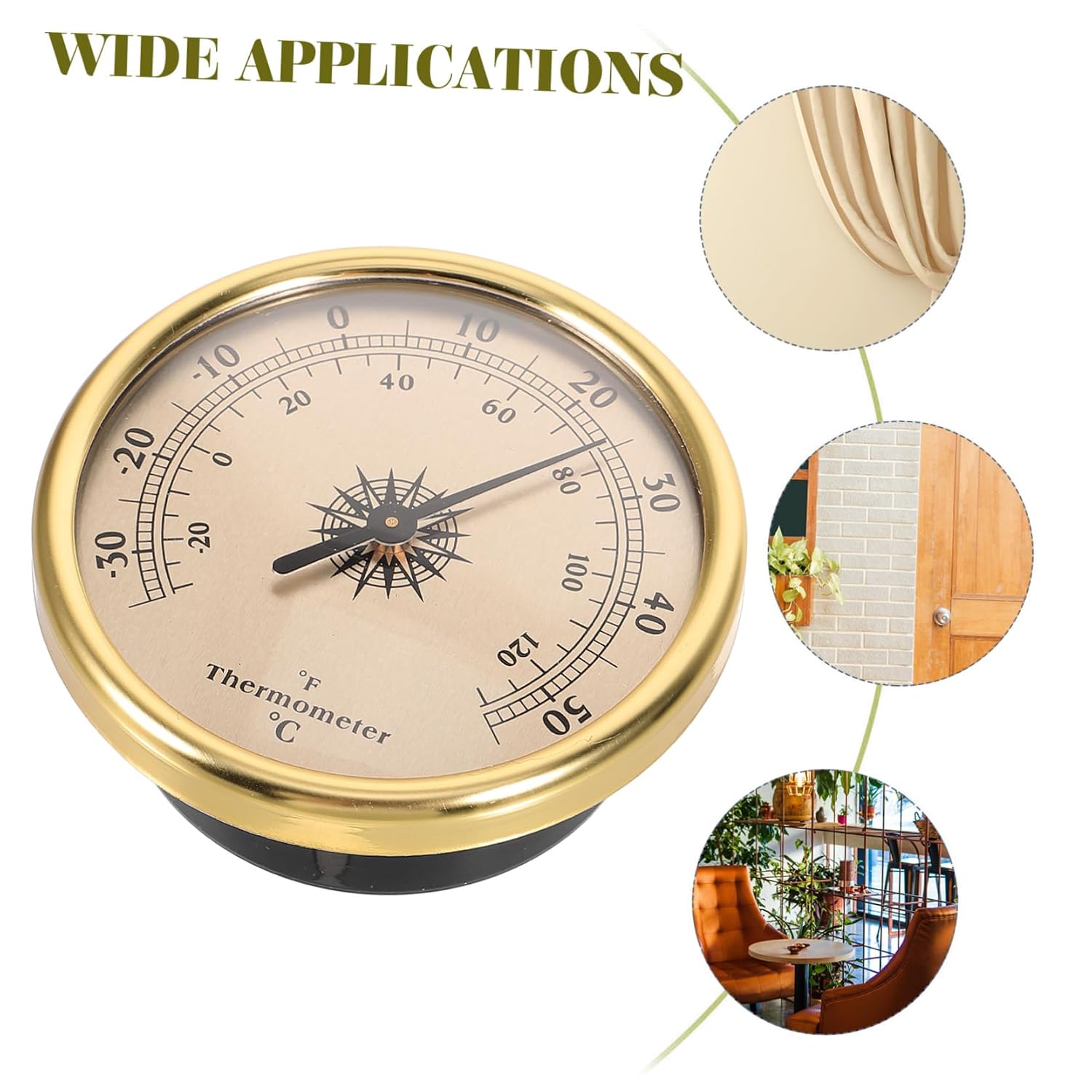Wall Thermometer with Fahrenheit Dial, Dual Scale Display, Gold Tone