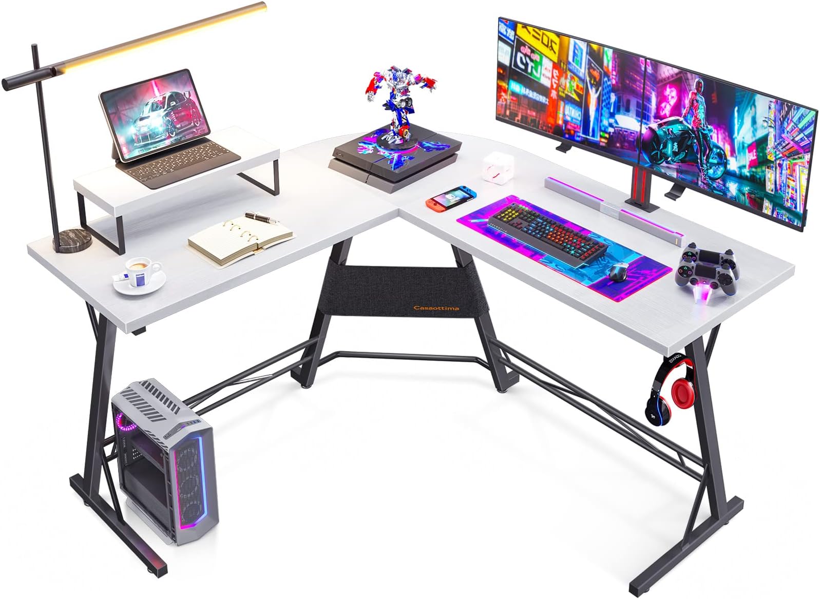 CasaottimaGaming Desk L Shaped Computer Desk, Corner Desk for Home Office with Monitor Stand 51", White