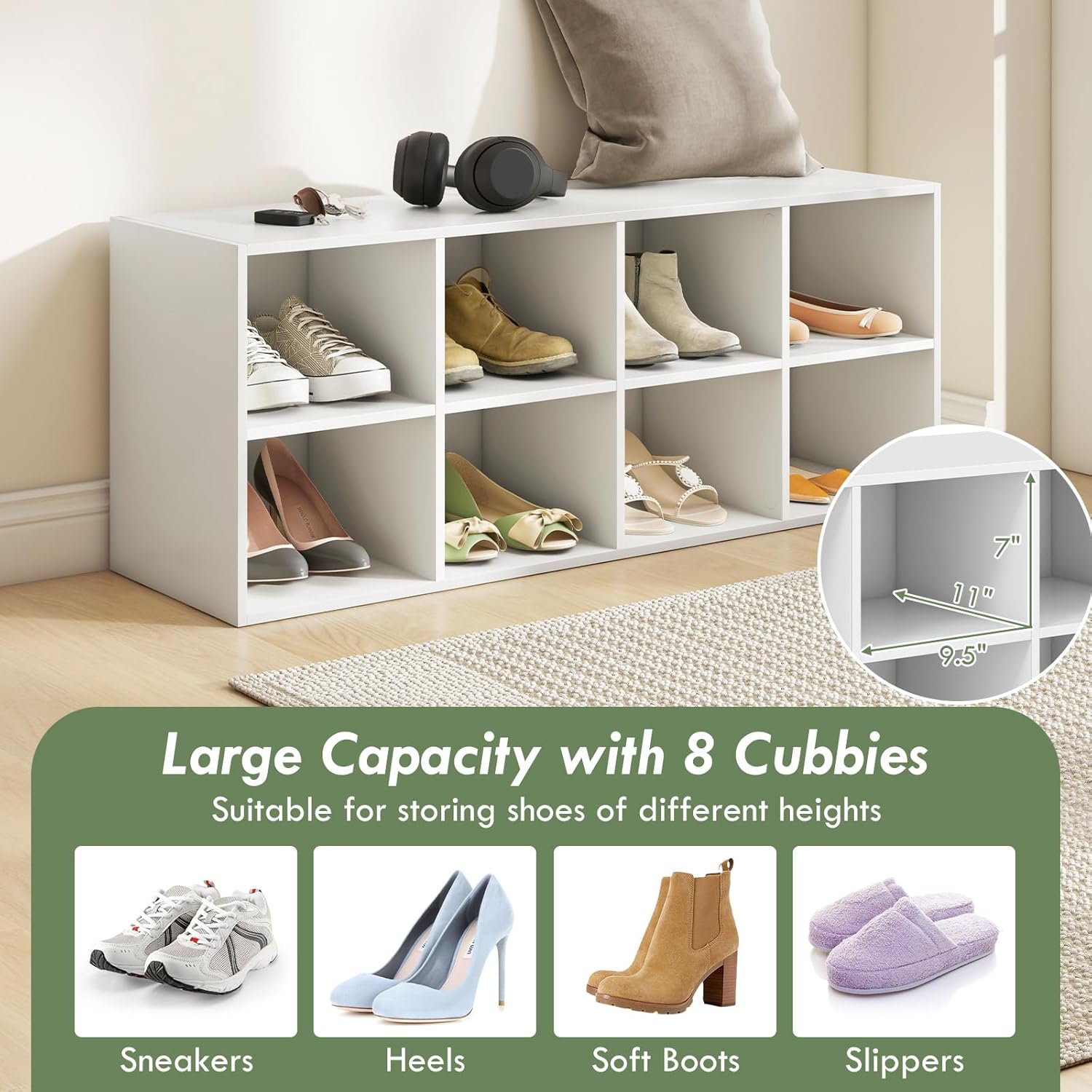 LOKO 8-Cubby Shoe Storage Bench, 40” Entryway Bench with Storage, 500 LBS Loading Capacity, Multifunctional Shoe Rack Organizer, Bed End Bench for Bedroom Living Room Hallway Mudroom (White)