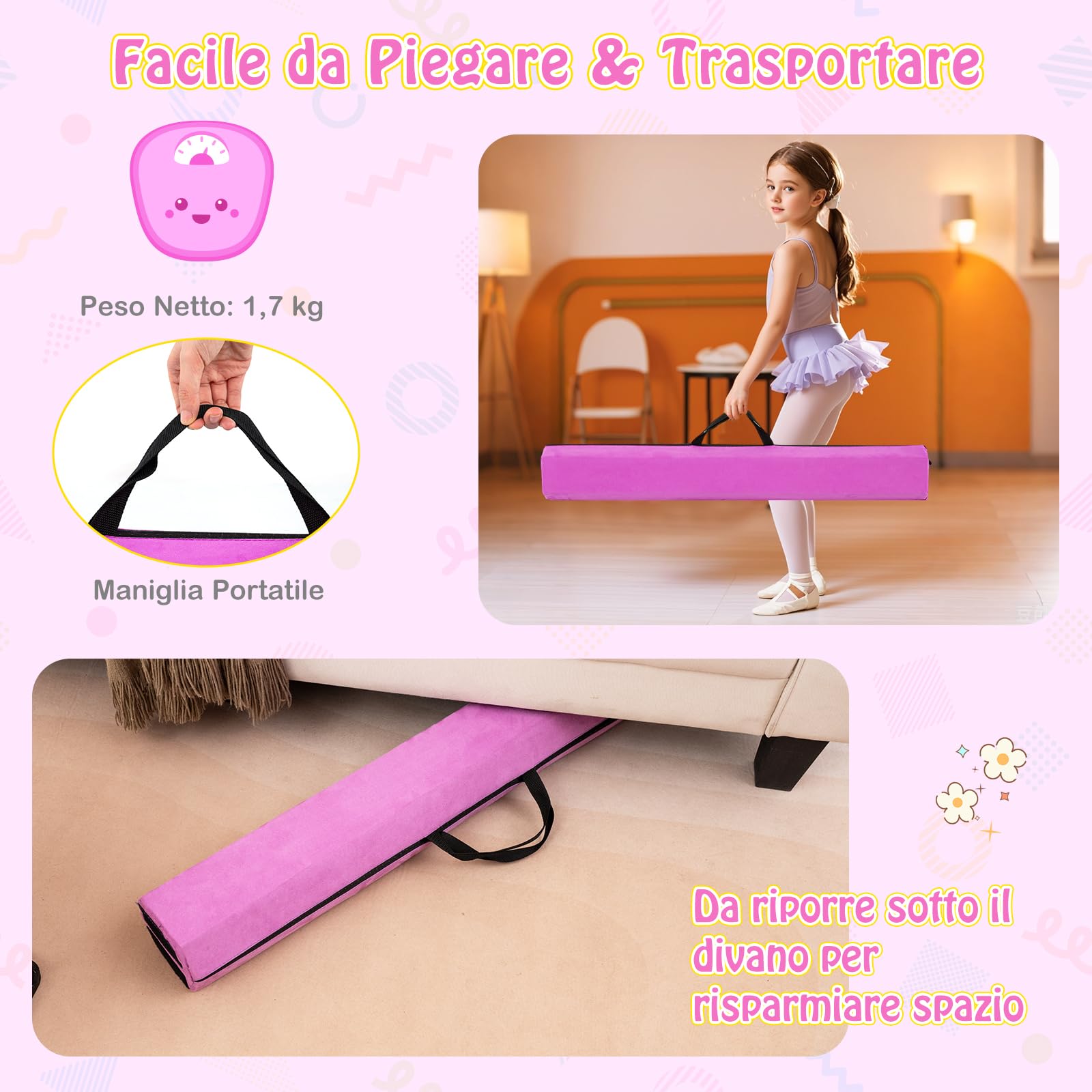 GYMAX Trave da Ginnastica Pieghevole, con Manico, Superficie Morbido, Imbottitura in Schiuma, Base Antiscivolo, Copertura con Cerniera, Attrezzatura da Ginnastica per Esercitazioni a Casa