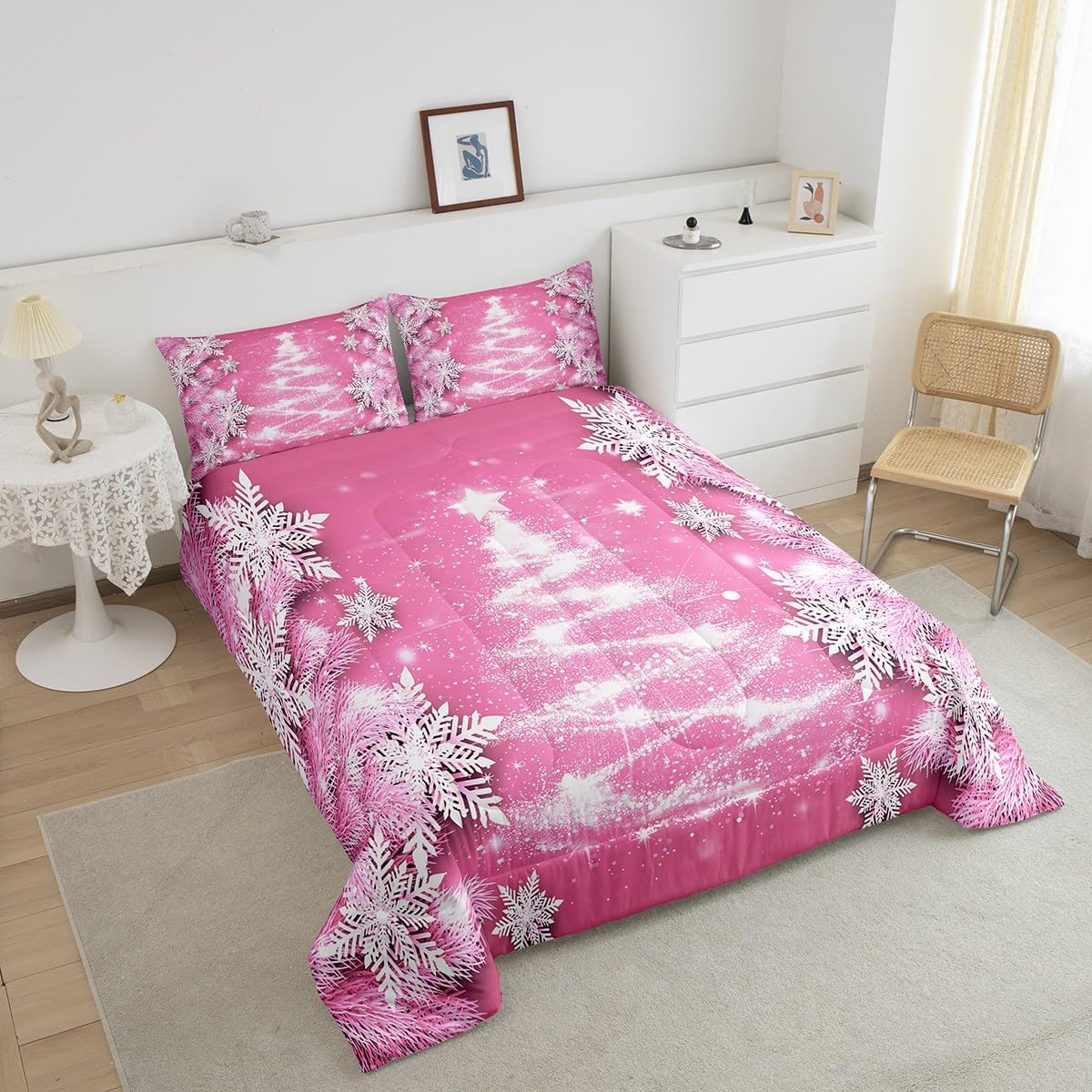 Feelyou Pink Christmas Comforter Set Twin Size Christmas Tree Bedding Set Girls Glitter Snowflake Comforter Microfiber Kids Adults Holiday Winter Duvet Quilt Pink Xmas Room Decor