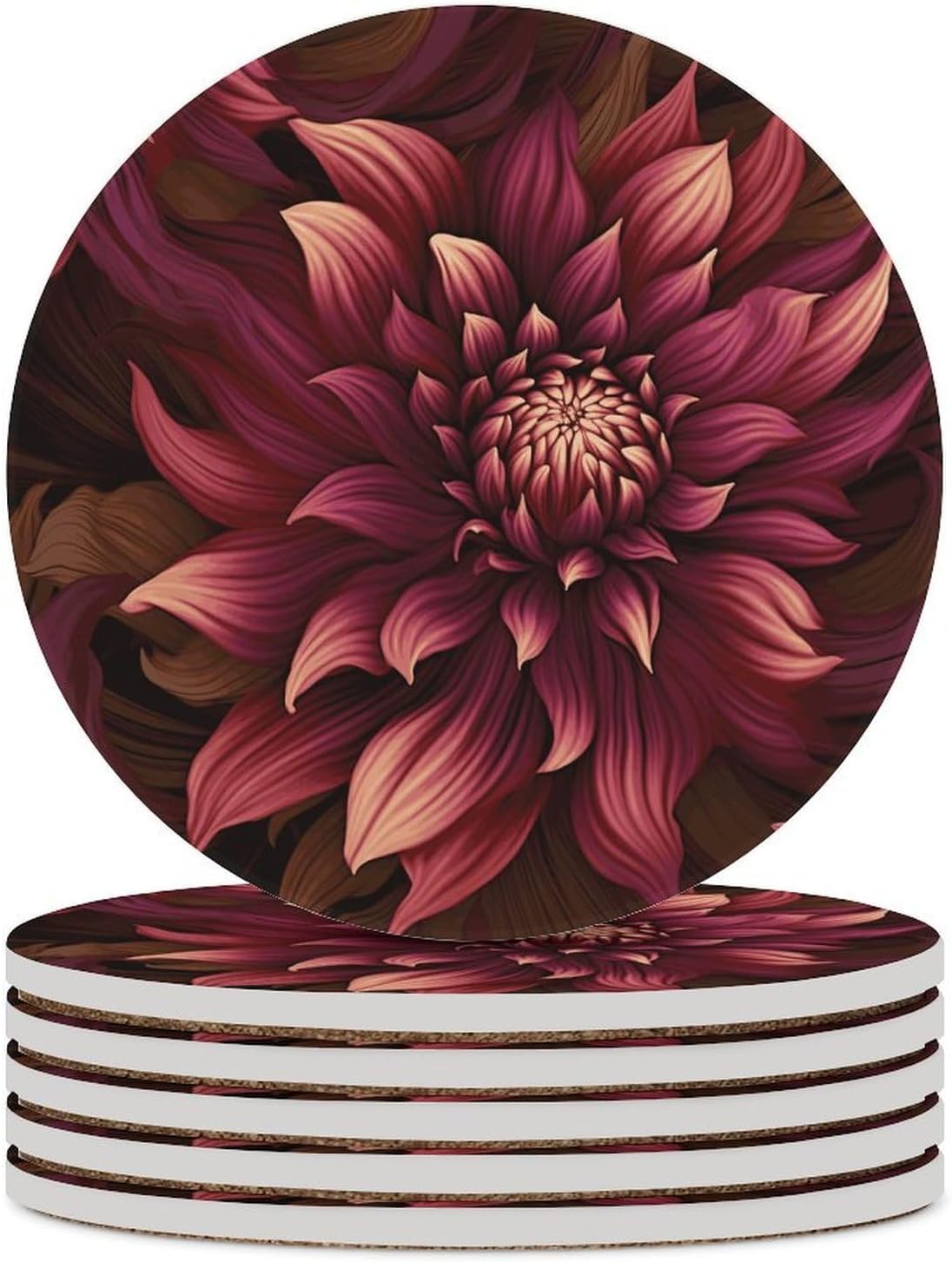 Wine Red Artistic Flower Coaster with Cork Base Drink Coasters for Coffee Table Decor Modern Cup Coasters with Non-Slip & Heat-Resistant Cute Ceramic Table Coaster for Home Dining