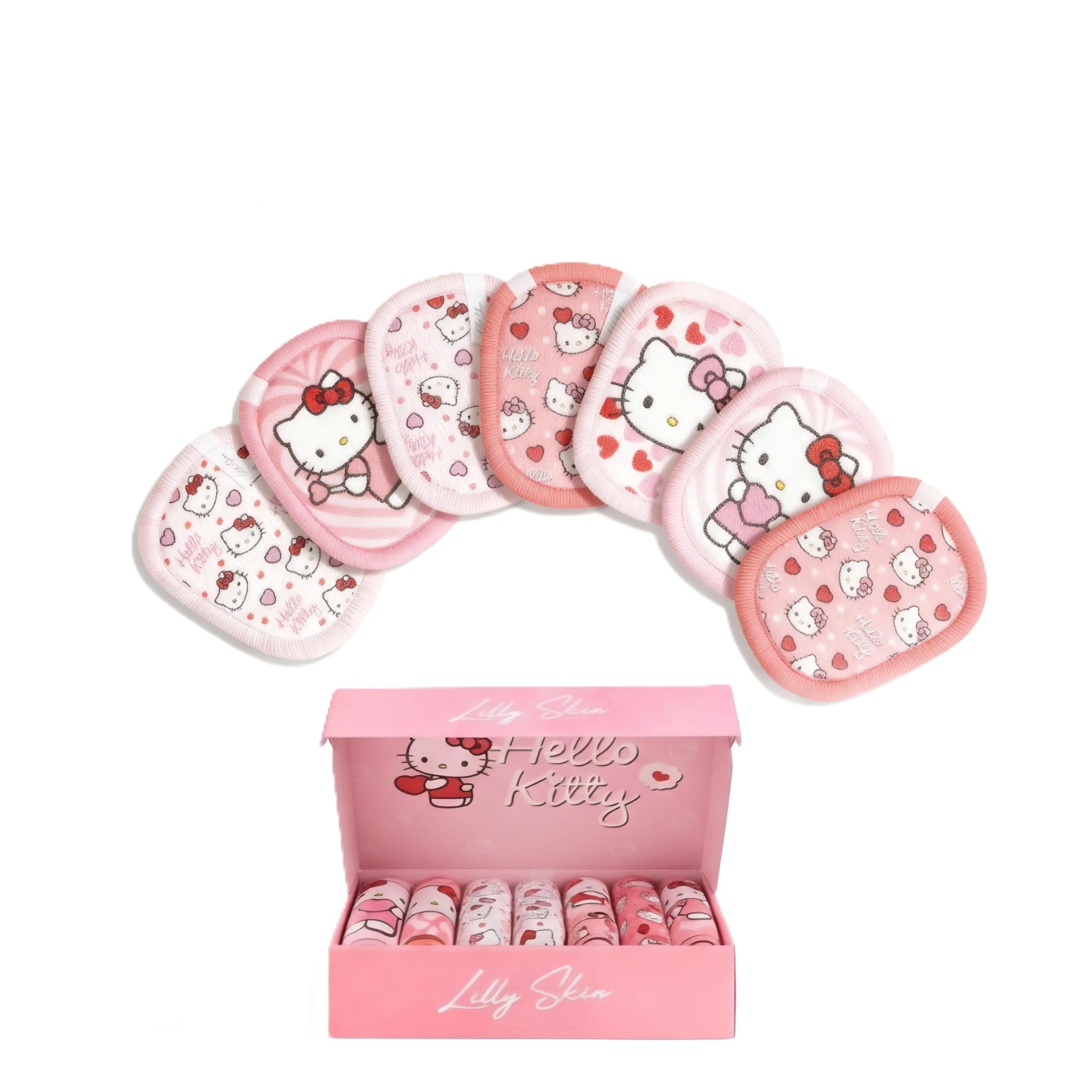 Lilly Skin Waschbare und wiederverwendbare Reinigungspads – Quadratische Mikrofasertücher zum Reinigen und Peelen der Gesichtshaut – Packung mit 7 synthetischen Hautpads – Hello Kitty