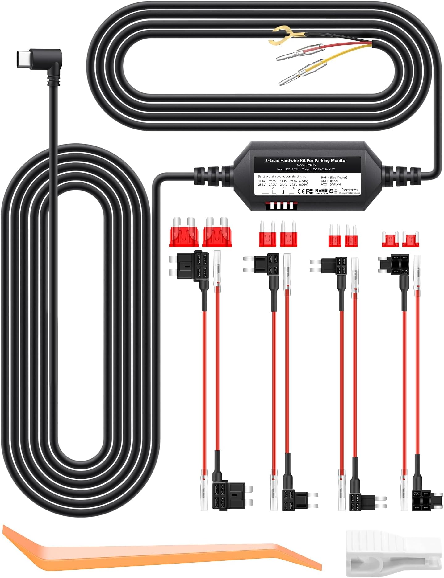 Dash Cam Hardwire Kit with a Circuit Fuses, 11.5ft Type-C USB Port for Dash Camera for Cars, Converts 12-24V to 5V/2.5A, Adjustable Low Voltage Protection for Parking Mode Monitors