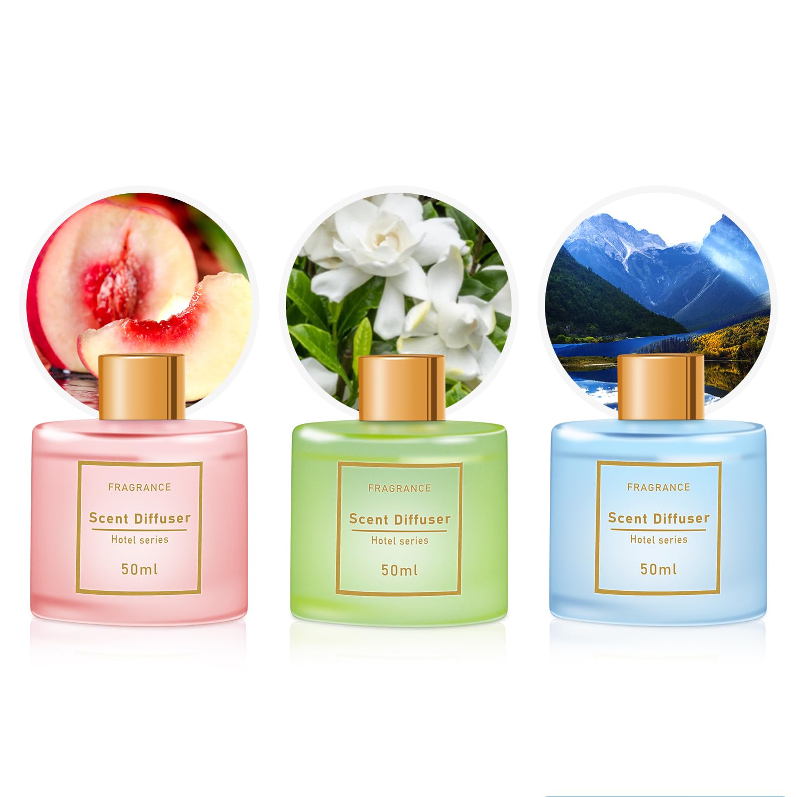 Set of 3 Reed Diffusers with 12 Fiber Sticks, 50ml Peach Oolong Gardenia Shangri-la Scent Diffuser for Room Decor,Last up to 60 Days