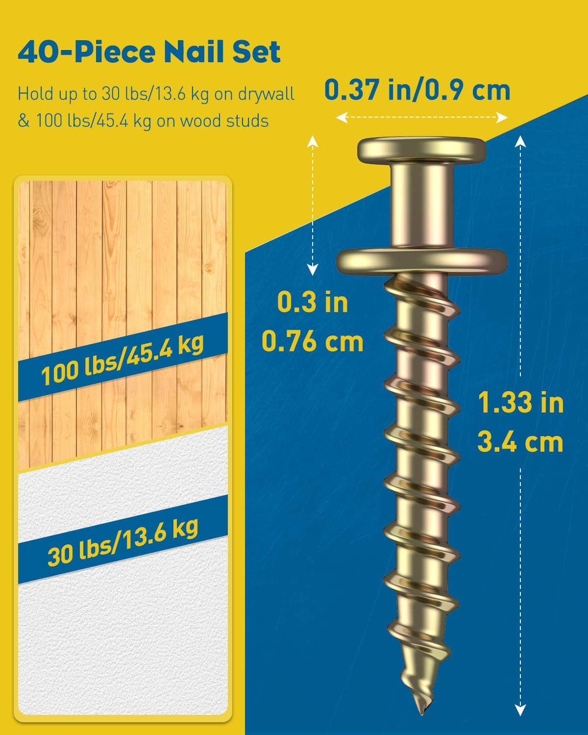 Uniclife 40 Pcs Picture Hangers for Drywall, Double Headed Picture Hanging Nails Hardware, Picture Hanging Kit for Sawtooth, D-Ring, Wire & Keyhole, Picture Hanging Hooks, Gold