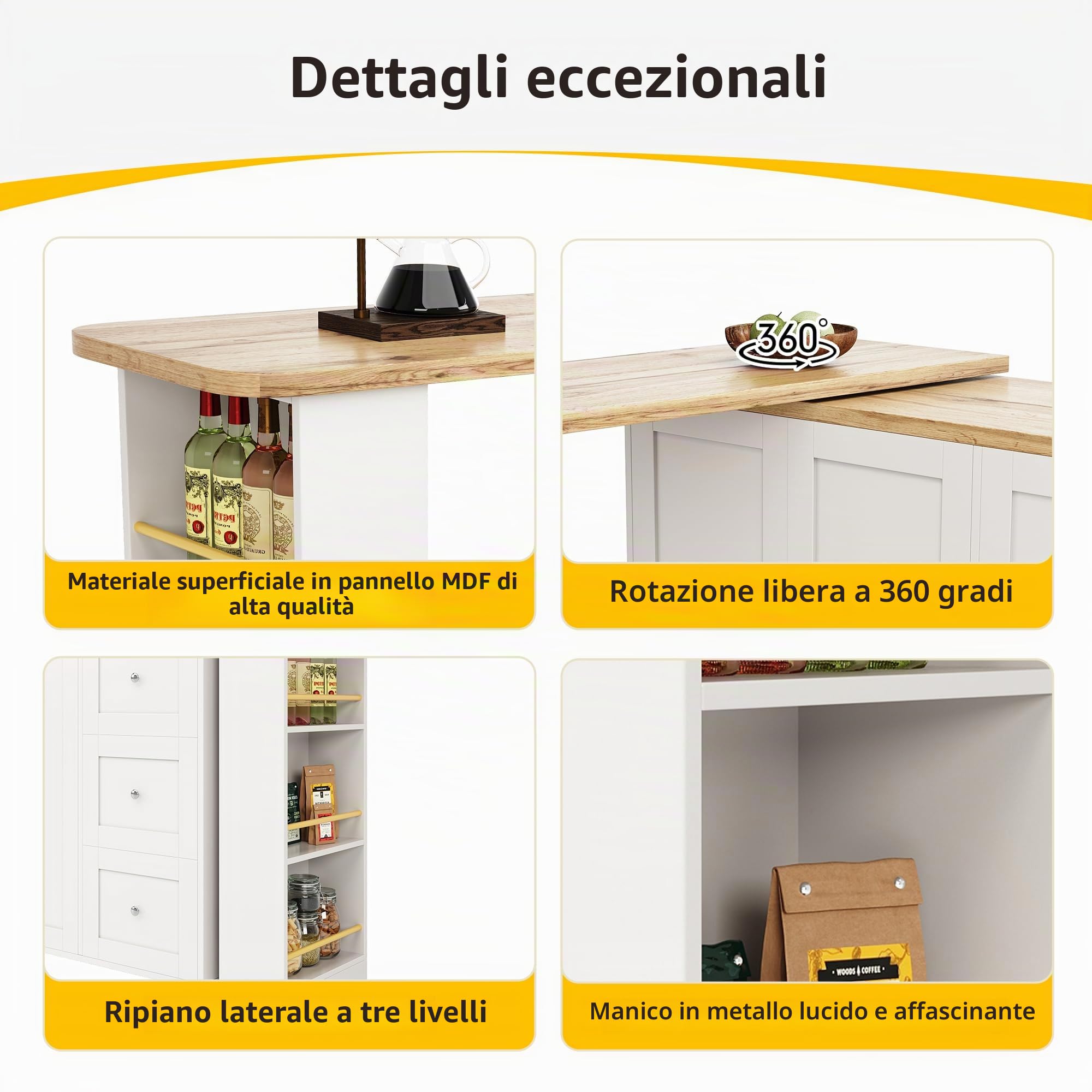SogesHome Tavolo da bar girevole a 360° con isola della cucina, carrello da cucina su ruote con 3 cassetti, 2 porte, porta snack e ripiano laterale per cucina, sala da pranzo, soggiorno, 138-209 x 39