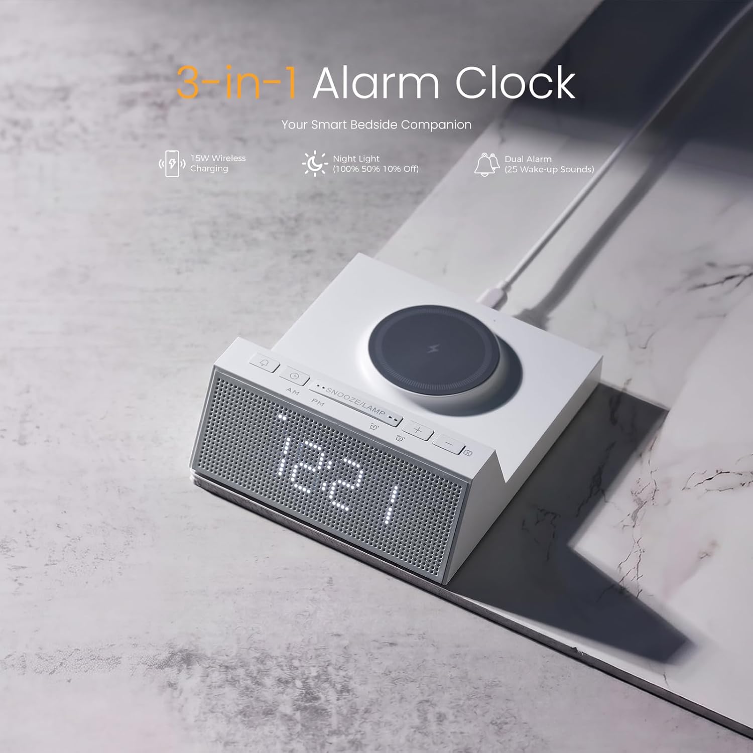 3-in-1 Magsafe Wireless Charging Alarm Clock, White | Dual Alarm, 15W Magsafe Wireless Charging, Night Light, Snooze Setting