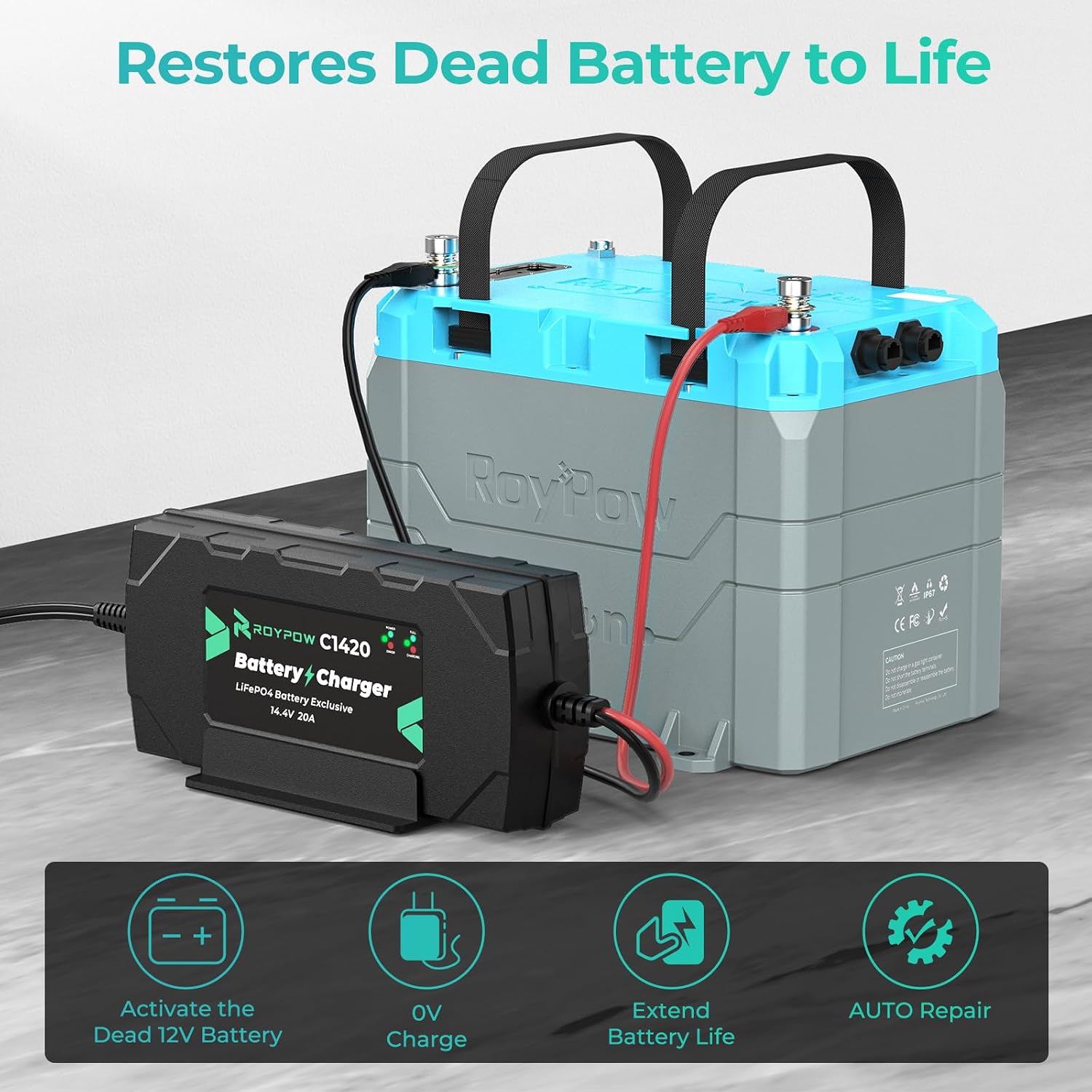 RoyPow C1420 charger activating a dead 12V battery