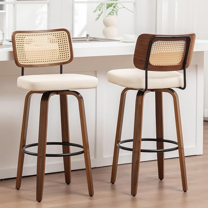 Rattan Swivel Bar Stools with Walnut Craftsmanship, Curved Rattan Back, Upholstered Seat, Mid Century Modern Bar Stools (Walnut Beige, Set of 2/30 inch)