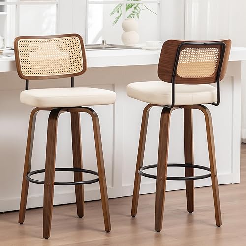 Rattan Swivel Bar Stools with Walnut Craftsmanship, Curved Rattan Back, Upholstered Seat, Mid Century Modern Bar Stools (Walnut Beige, Set of 2/30 inch)