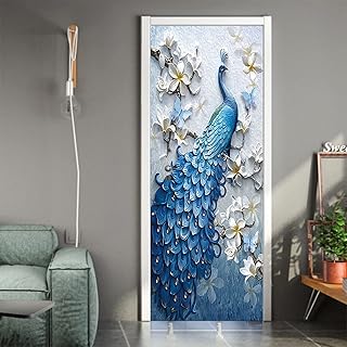 WWQAYZ Papier Peint Trompe Loeil Peintures murales et Paons et Fleurs Stickers Porte Chambre Stickers Porte ​Trompe Loeil ...