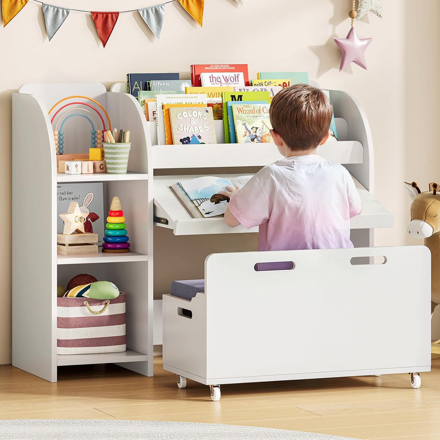 ONBRILL Kids Bookshelf and Toy Storage Organizer with Bench and Telescopic Book Holder, Reading Nook with Toy Box, Kids Furniture for Playroom, Bedroom, Living Room (White)