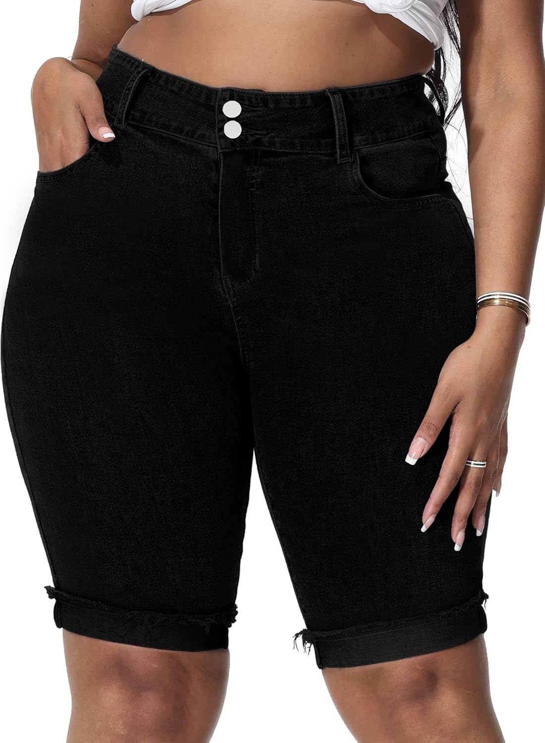 Womens Plus Size Jean Shorts Stretchy High Waisted Ripped Roll Hem Denim Bermuda Shorts 10" Inseam