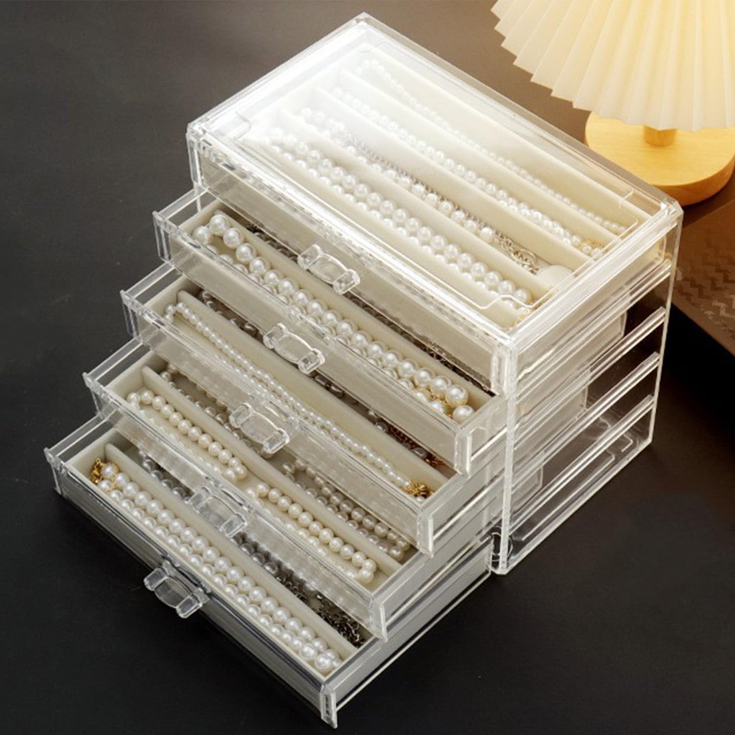 Halskette Aufbewahrungsbox, Acryl Halskette Veranstalter Box mit Samt Tablett, staubdicht Halsketten Halter Display Case für Frauen und Mädchen (Beige, 5 Drawers)