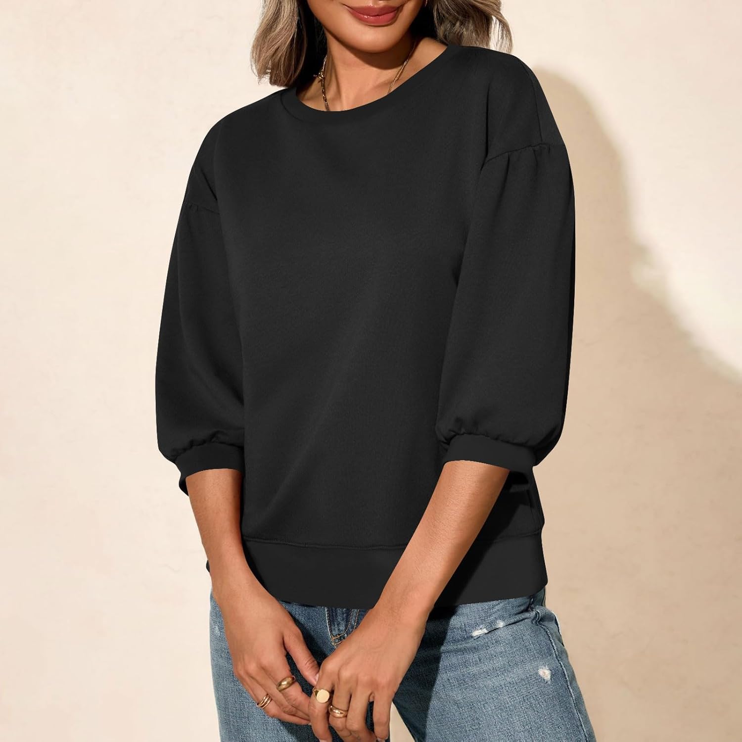 Womens Crewneck Sweatshirt 3/4 Length Sleeve Loose Pullover Tops Casual Solid Color Tunic Blouse Fall Fashion Tops - Image 2