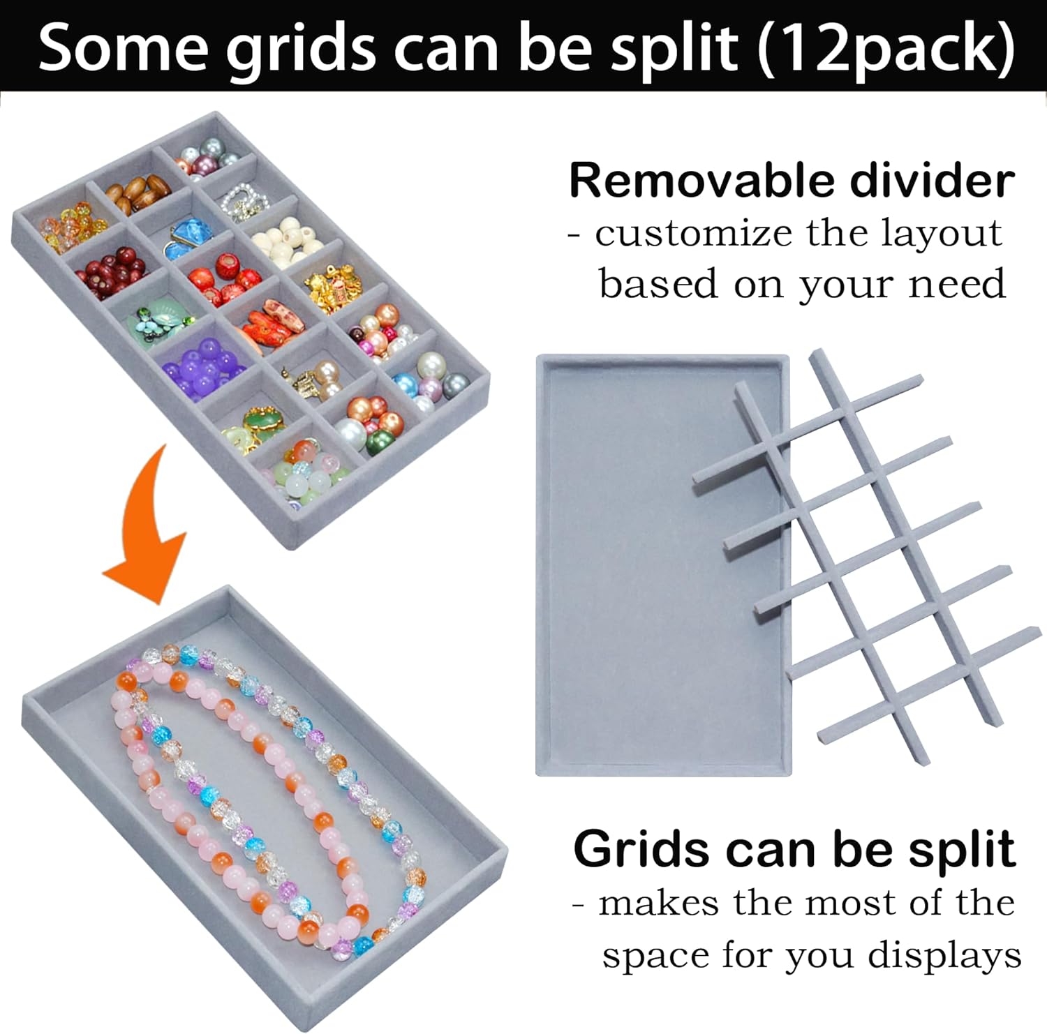 12 Pack Jewelry Tray for Drawer Velvet Earring Organizer Stackable Jewelrys Ring Organizer Divided Display Tray 216 Grids, Grey