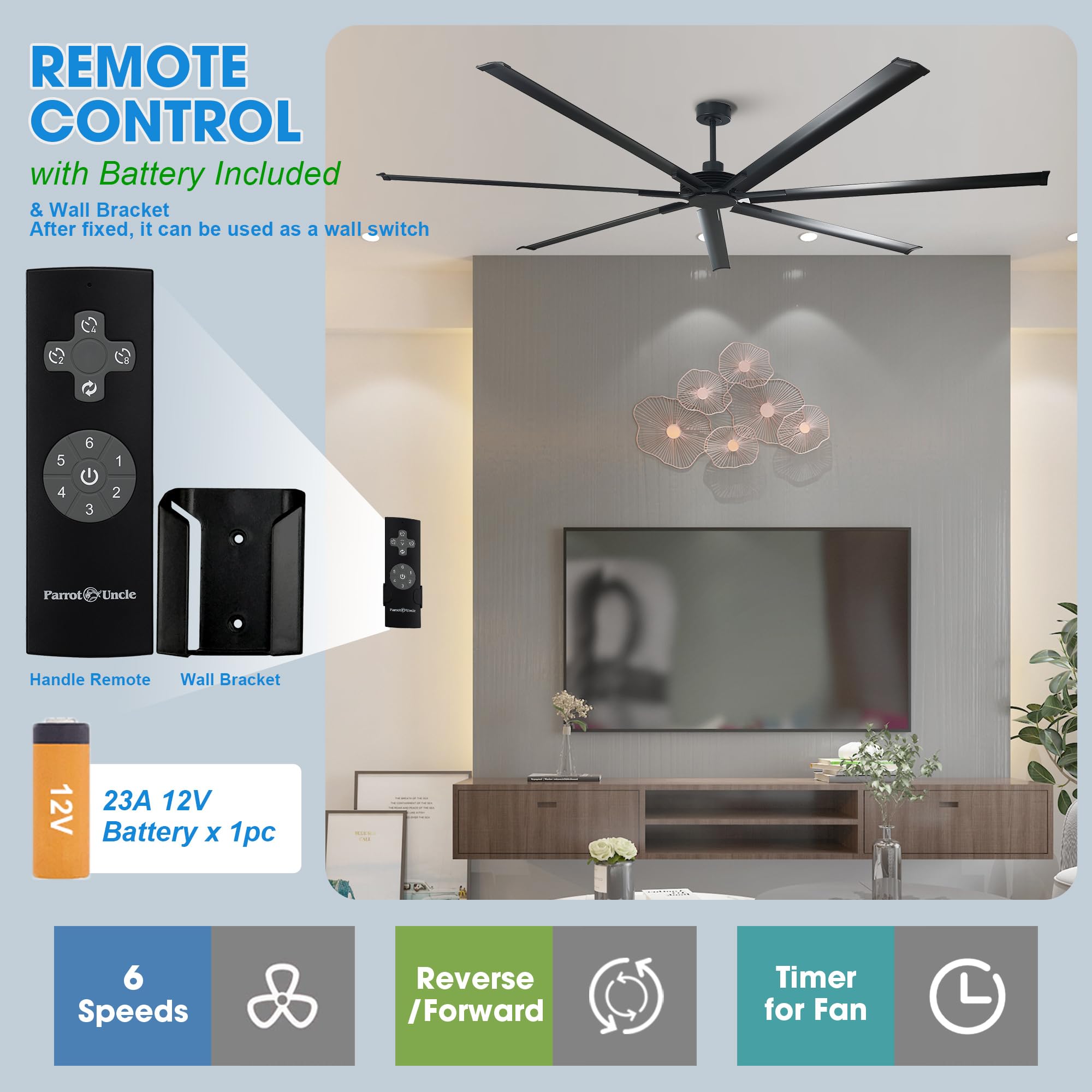 84 Inch Ceiling Fans without Light Industrial Black Ceiling Fan No Light for Living Room Bedroom Shop Garage — view 7