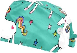 2 Pieces Working Hat with Buttons Adjustable Sweatband Bouffant Hats Unisex Tie Back Hats Unicorn Horse Stars Pattern