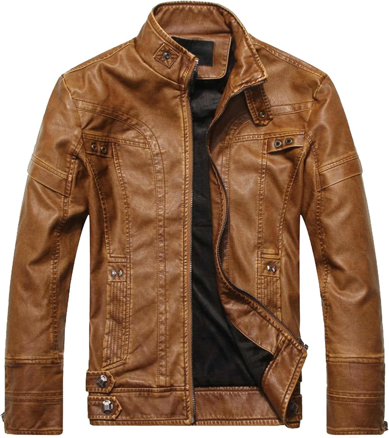 Men's Slim Bomber Faux Leather Jacket Zipper Windproof Leather Jacket Stand Collar Motorcycle Coat