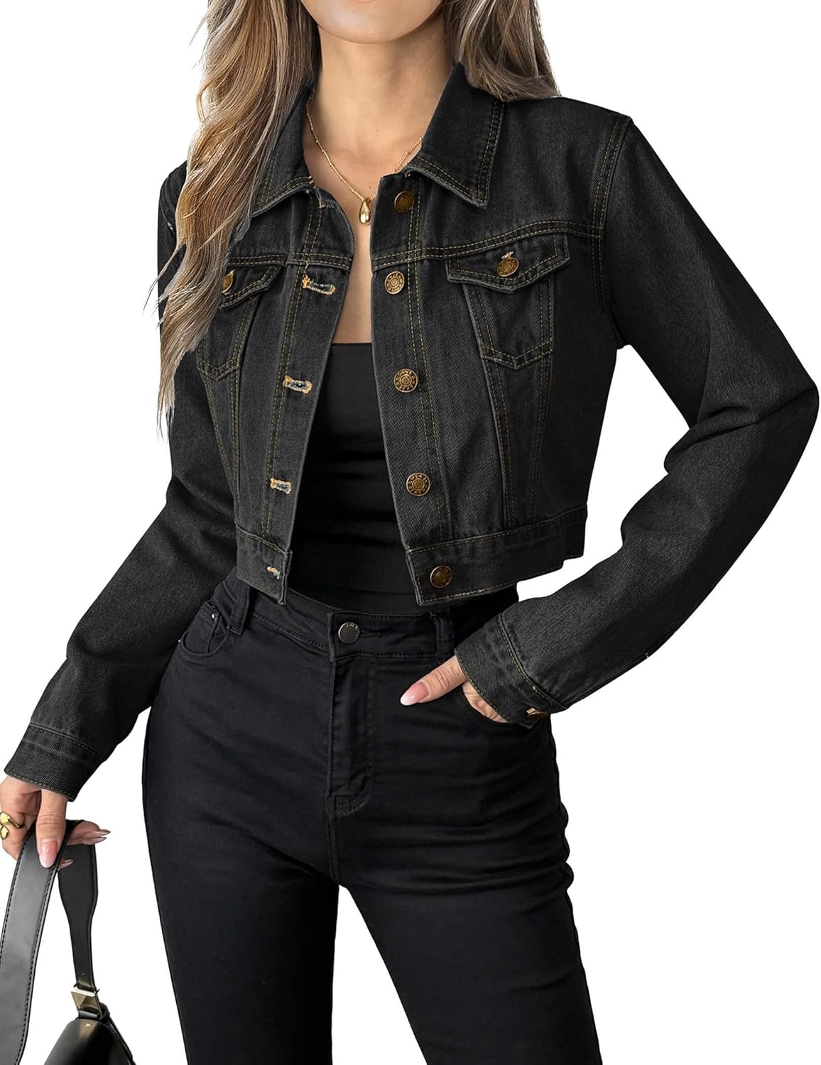 Grabsa Women's Button Down Long Sleeve Cropped Denim Jean Jacket with Pockets