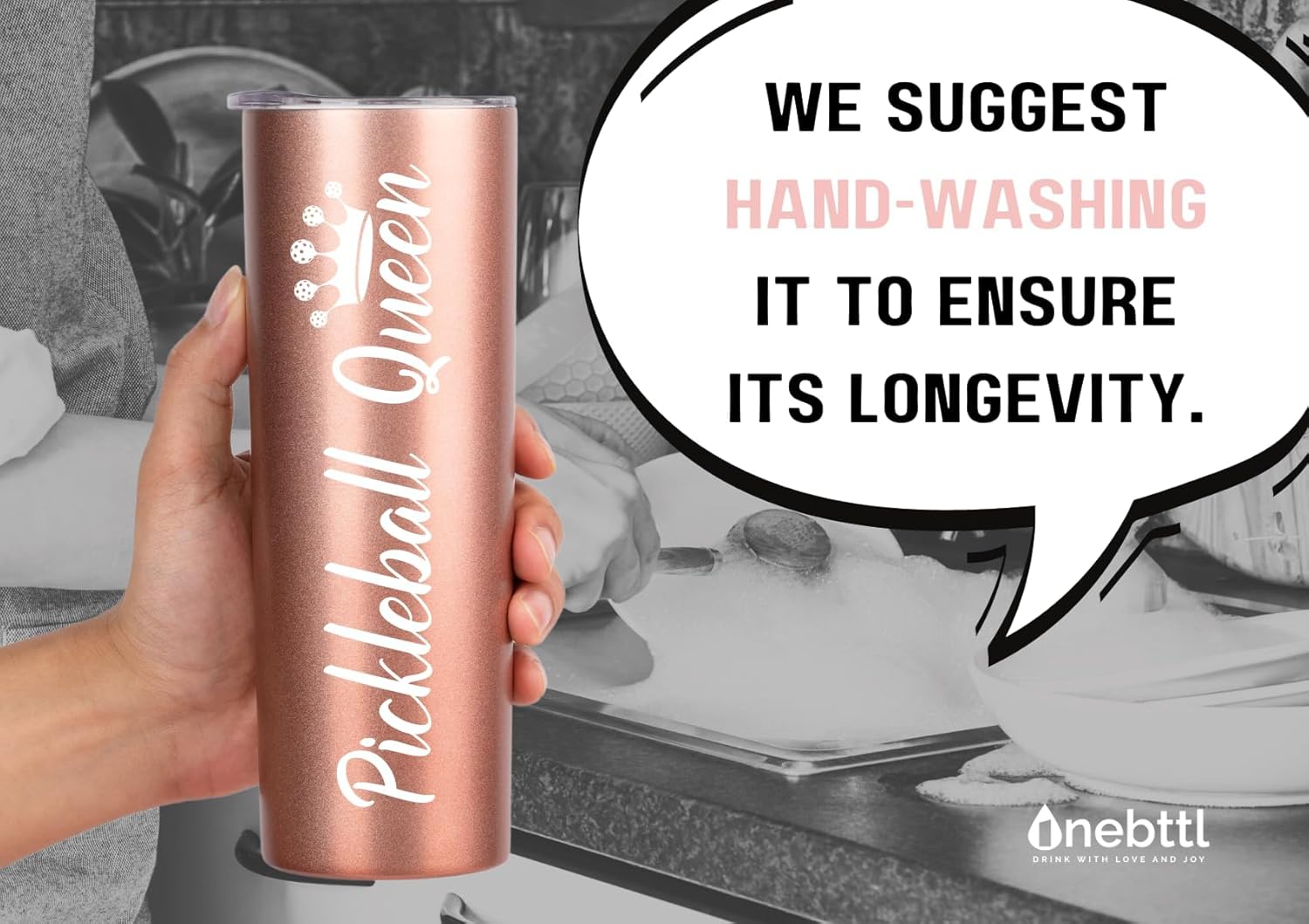 Onebttl Pickleball Gifts for Women - 20 oz Stainless Steel Skinny Tumbler with Lid, Pickleball Queen (Rose Gold) - Image 7