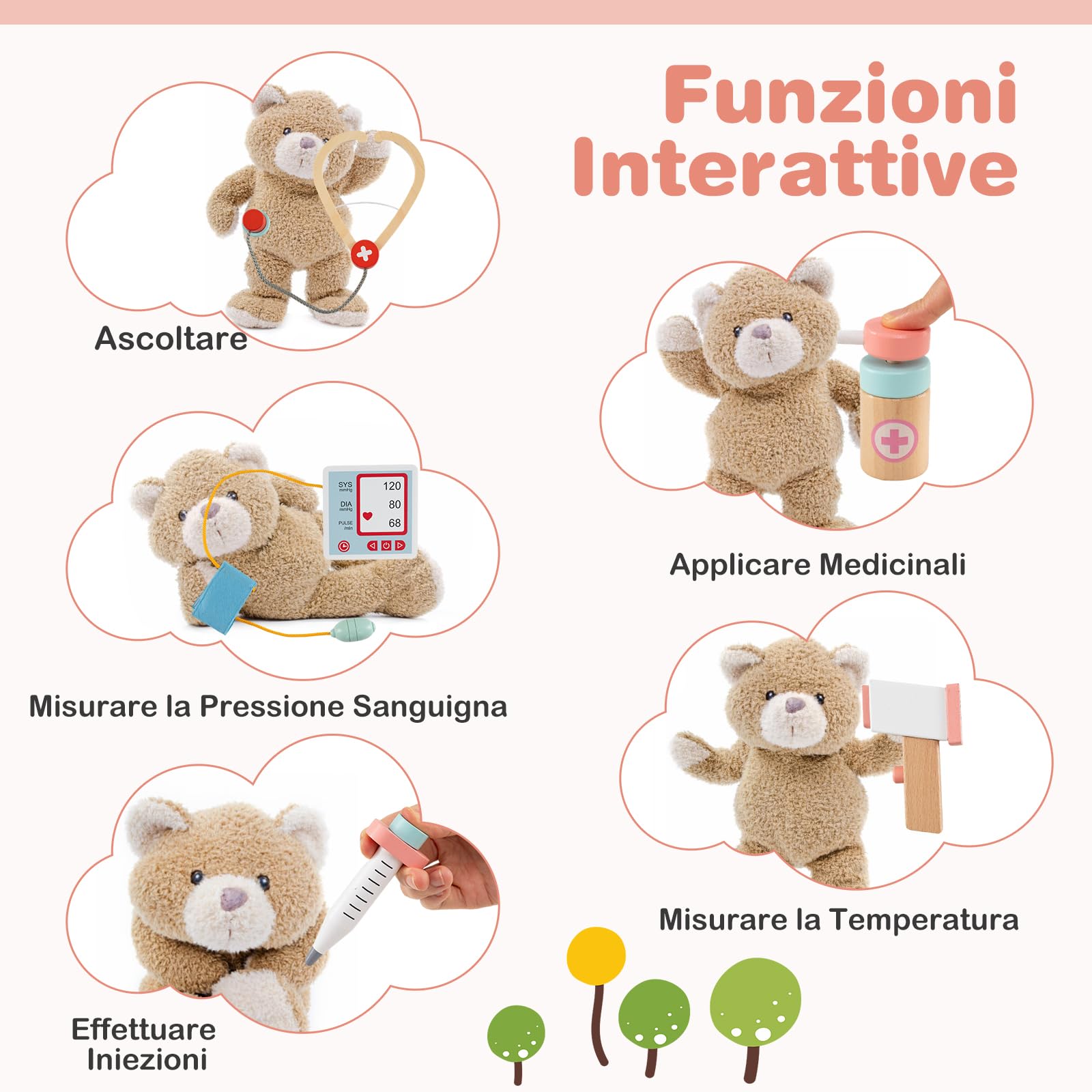 COSTWAY Set da Gioco Dottore in Legno, Centro Medico per Bambini con Orologio, Lavandino, Tabella Oculistica, Monitor ECG, Area Esame e 24 Accessori Giocattolo, 97 × 30,5 × 88 cm (Rosa)