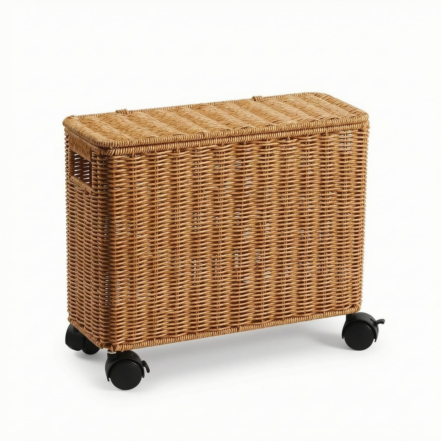 Woven Wicker Storage Box with Wheels Narrow Rattan Storage Basket with Lid Handwoven Slim Rolling Cart with Lid Mobile for Bedroom, Living Room, Small Areas, 38-15-33cm|Storage Bins & Baske-picture-27