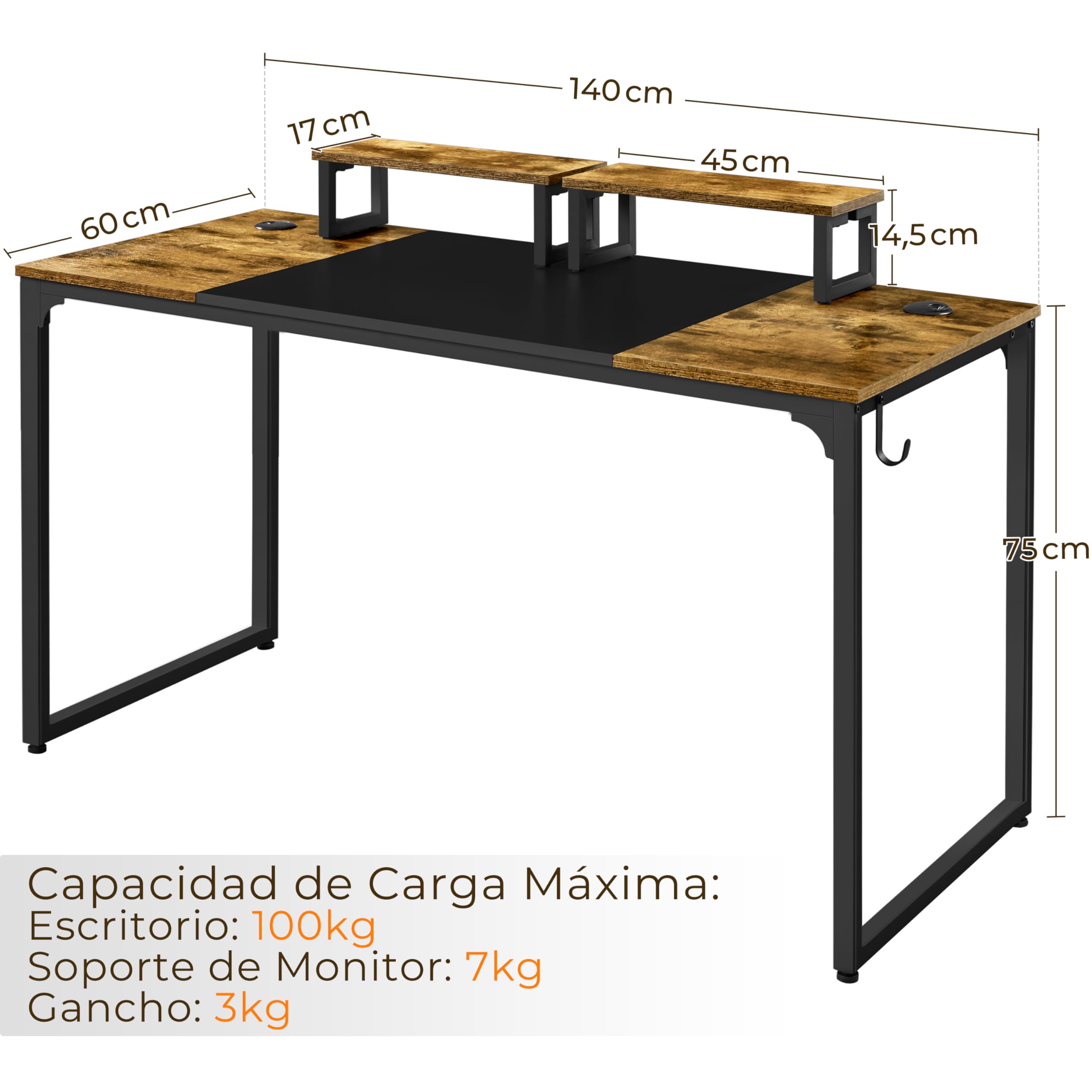Yaheetech Escritorio con Soporte para Monitor 140x60x89cm Mesa de Computadora de Estilo Industrial para Oficina o Estudio Incluye 2 Orificios para Cables y Gancho en Tono Marrón Rústico