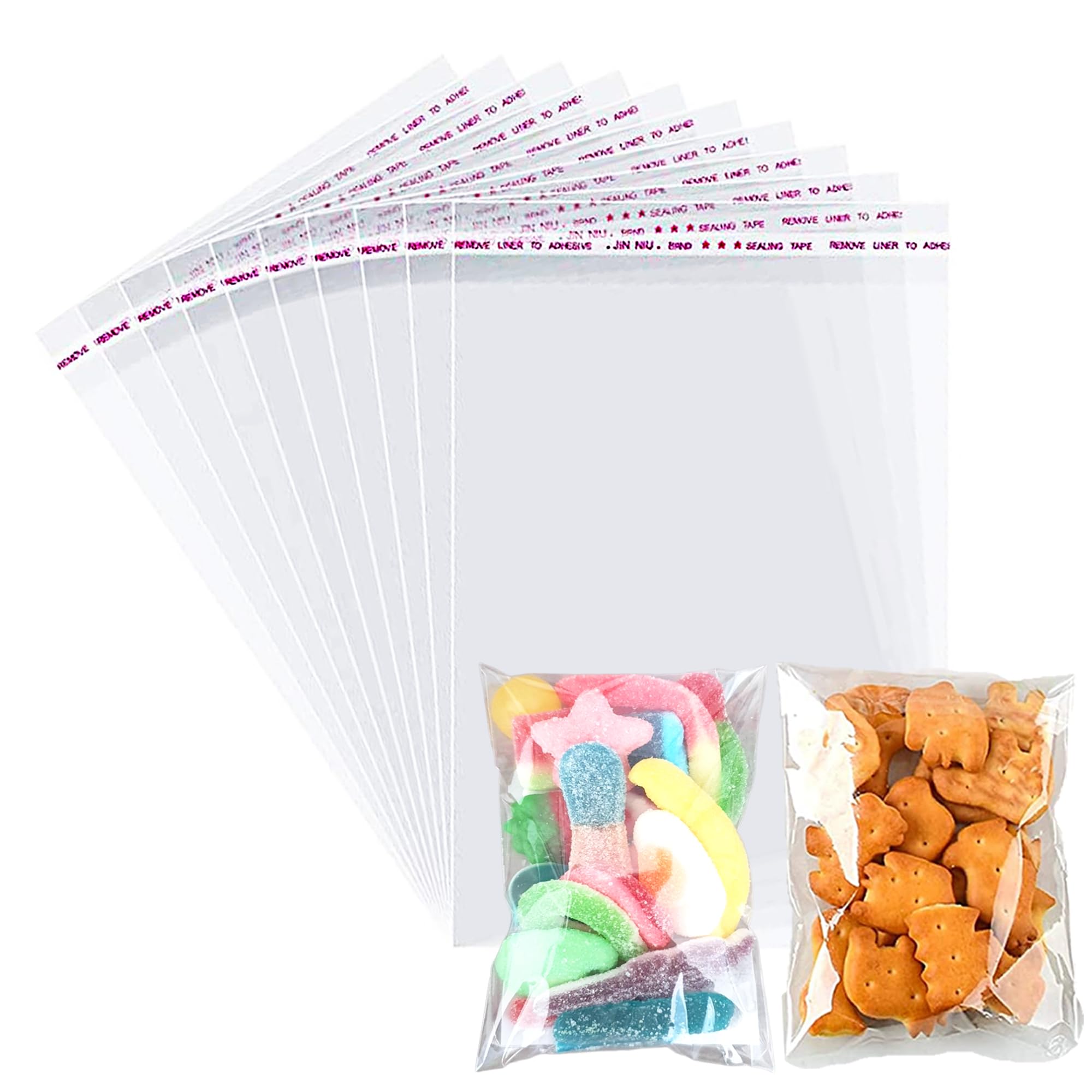 Zestaw 100 sztuk małych torebek z celofanu z naklejkami - 13 x 16 cm - Małe torebki pakowe na słodycze, małe torebki z celofanu - Z zapięciem - Na ciasteczka, prezenty