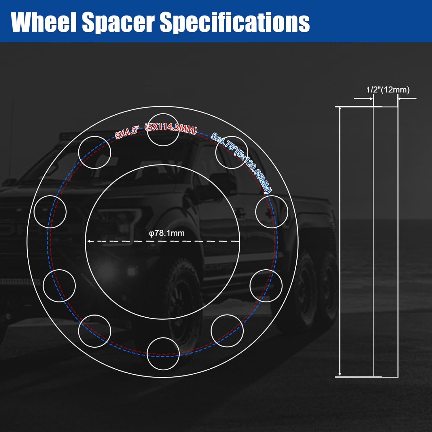 JiiinMiiin 5x4.5 5x4.75 Wheel Spacers,1/2"(12mm) Wheel Spacer Adapters 78.1mm Hub Bore for 1964-2014 Mustang 1991-2011 Ranger 1984-2001 Cherokee 1987-2006 Wrangler 1991-2012 Town Car 1992-2021 Camry