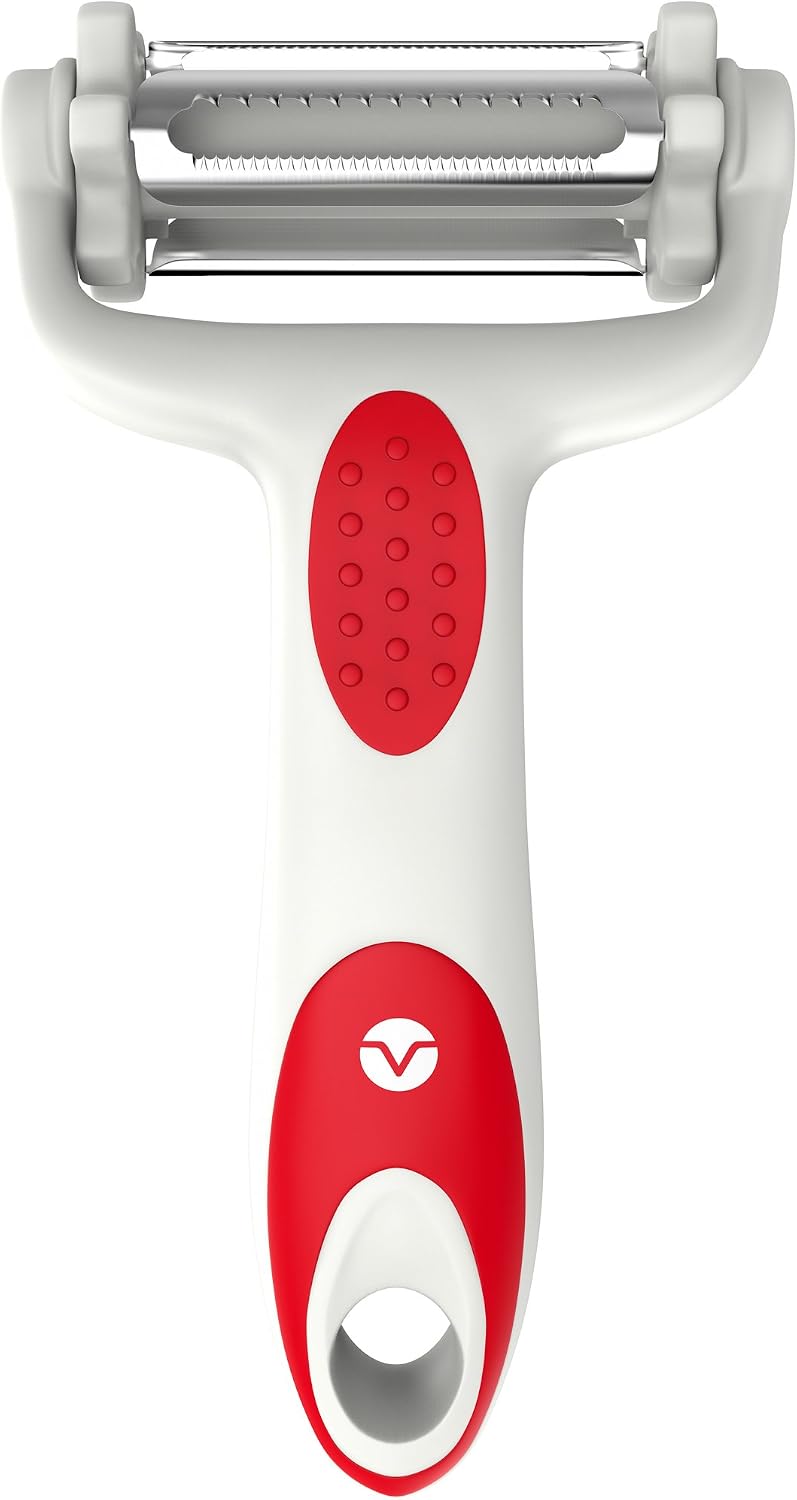 Vremi 3 in 1 Julienne Vegetable Peeler - Citrus Fruit Peeler for Orange Lemon Cocktails - Carrot and Potato Peeler with Rotating Serrated Straight and Julienne Stainless Steel Slicer Blades - Red