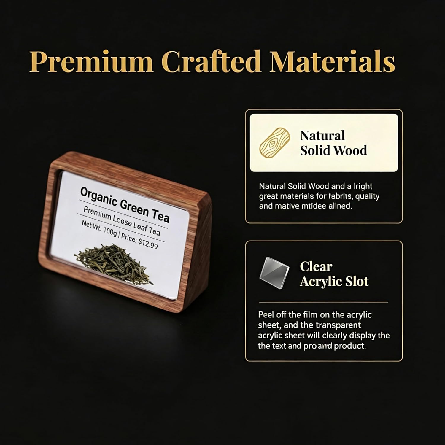 Acacia wood label holder, angle or upright fit for retail signage, tabletop price tags, business information signs, and conference name badge displays; dimensions: 3.46 x 1.80 inches image 2
