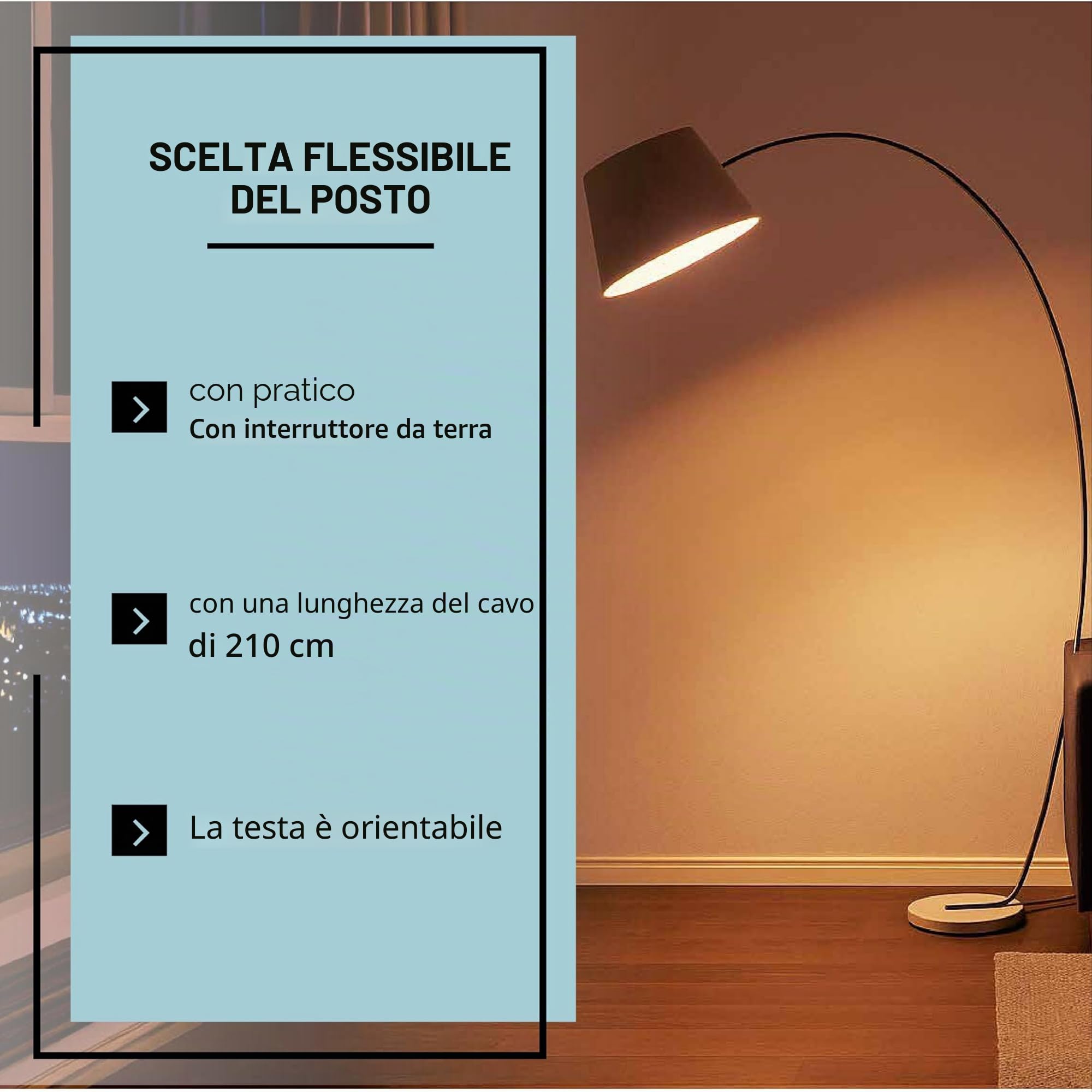 Lightbox Lampada da terra paralume decorativo in tessuto - 196 cm di altezza x 50 cm di larghezza - lampada da terra ad arco con interruttore a pedale e testa girevole - attacco E27 - in