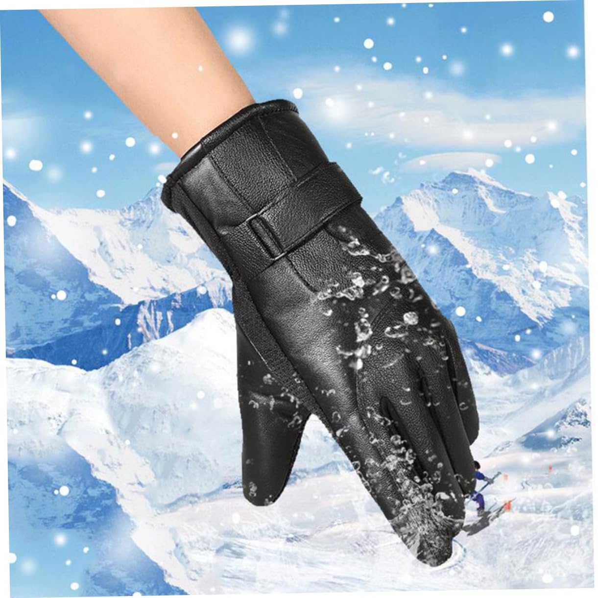 Beavorty 1Pair Thicken PU Leather Windproof Gloves for Winter Outdoor Sports Warm Cycling Climbing Riding Gear Black Touchscreen Slip Design