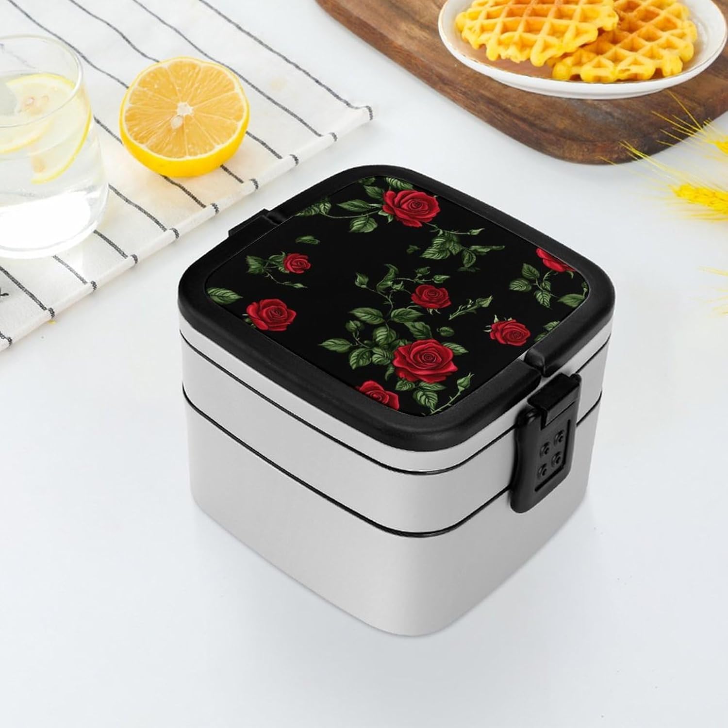 Rose Flower Bento Box with Spoon 2 Layer Food Container Cute Lunch Box for Travel Dining Work