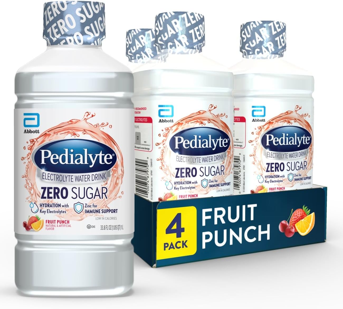 Pedialyte Electrolyte Water with Zero Sugar | Hydration with Key Electrolytes | Great Hydration Low in Calories | Fruit Punch, 1 Liter, Pack of 4