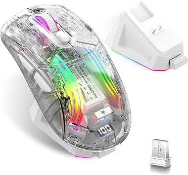 Wireless Gaming Mouse with Transparent RGB Mechanical, Tri-Mode 2.4GHz/Bluetooth/Wired Mouse, Charging Base, Digital Display,Silent Mice, 7 Buttons, Computer Mouse for Gaming and Esports White