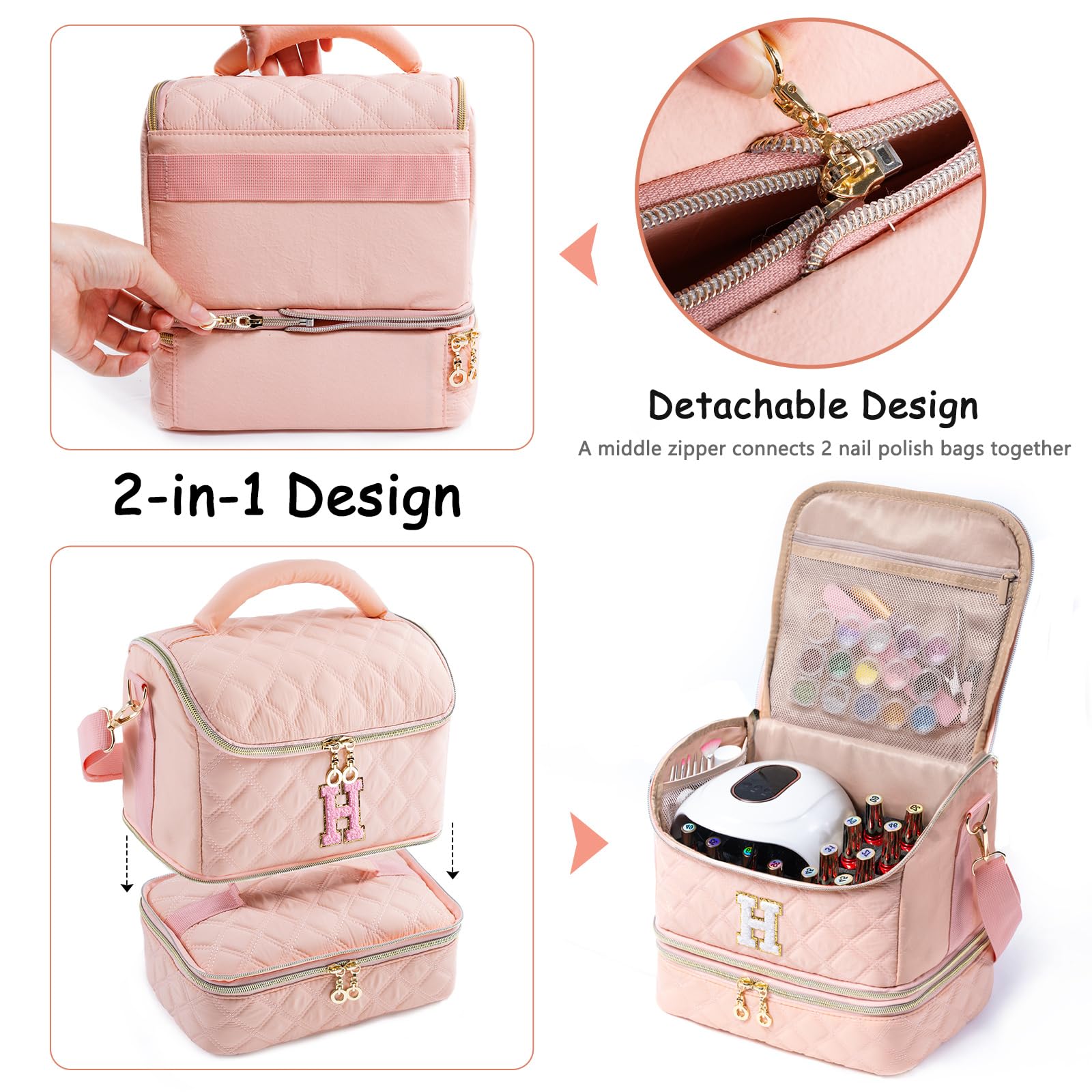 Organizador personalizado de esmalte de uñas con inicial, capacidad para 48 botellas (15 ml), lámpara de uñas y herramientas, bolsa de uñas para organizadores y almacenamiento de uñas, soporte