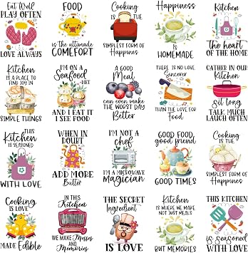Dtf Transfers Ready to Press - 20Pcs Cute Funny Kitchen Quotes Iron on Transfers for Tshirts Kitchen Designs Iron on Decals Cooking Heat Transfer Vinyl Stickers for Clothing Pillows Bag DIY Crafts