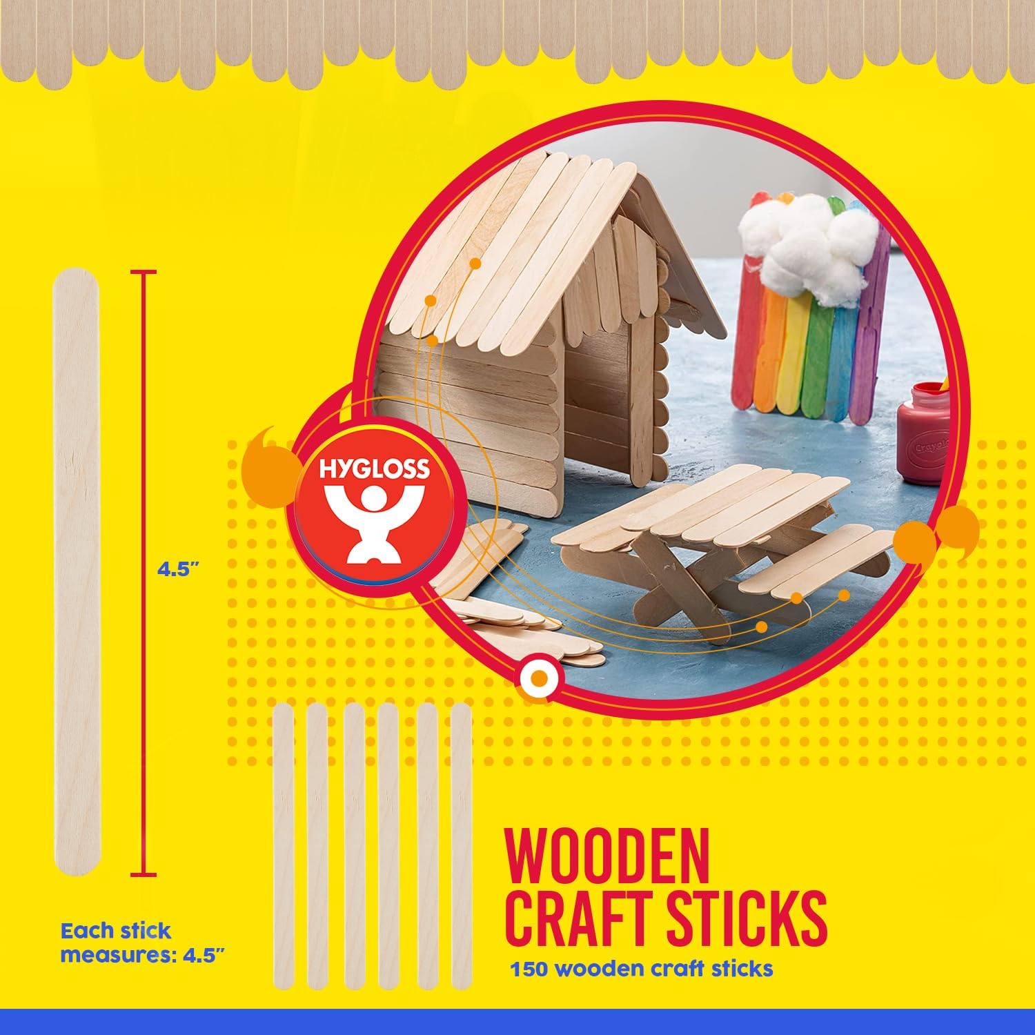Hygloss Natural Wood Craft Sticks – 4.5-Inch - 150 Count - Smooth and Splinter-Free Jumbo Popsicle Sticks Ideal for Ice Cream Pop Sticks, Treats, DIY Projects, Crafting, Games, Home and School Use