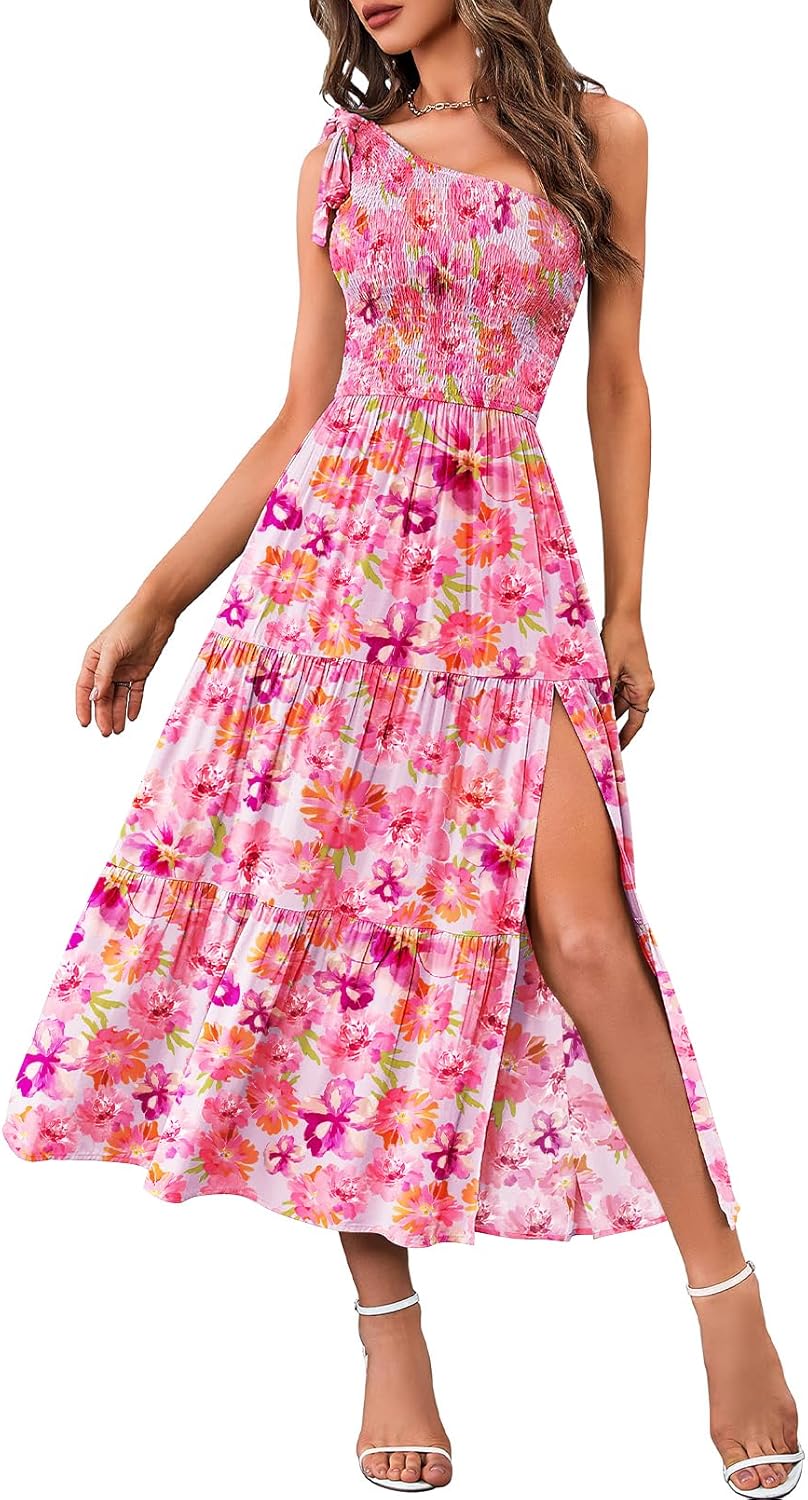 MEROKEETY Women's Summer One Shoulder Sleeveless Knot Smocked Midi Dress Split Tiered Flowy Dresses