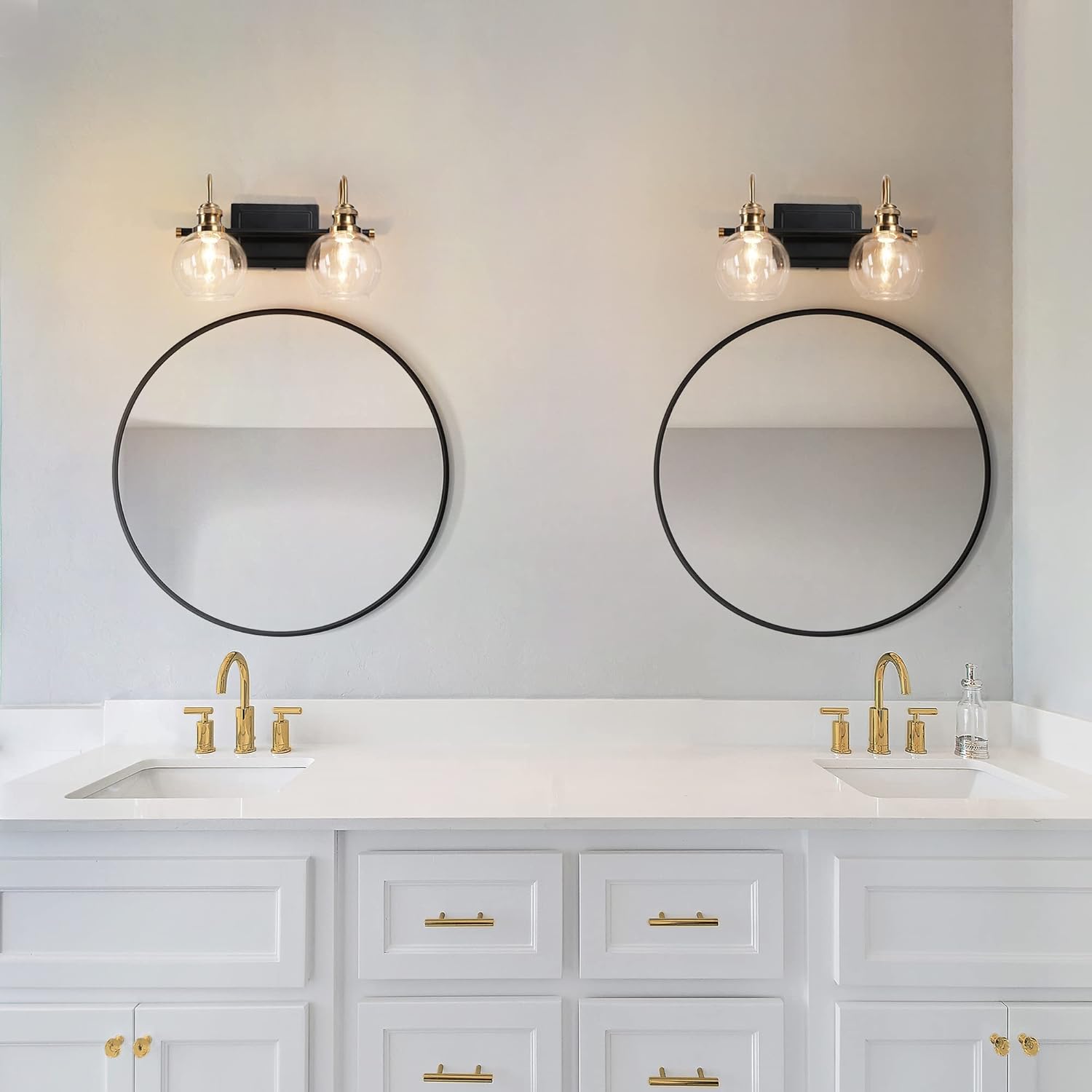 ZEVNI 2-Light Bathroom Lights Over Mirror, Black Gold Vanity Lighting Fixtures with Clear Glass Globes, 14.5" x 7" x 9"