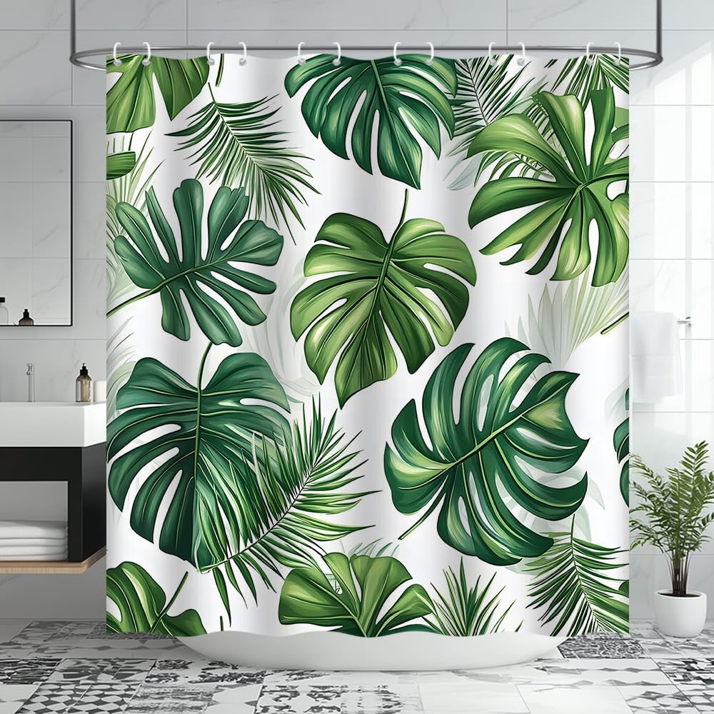 Green Leaves Shower Curtain Tropical Palm Leaf Monstera Botanical Jungle Nature Plant Fabric Bathroom Decor Curtain with Hooks, 78Wx70H