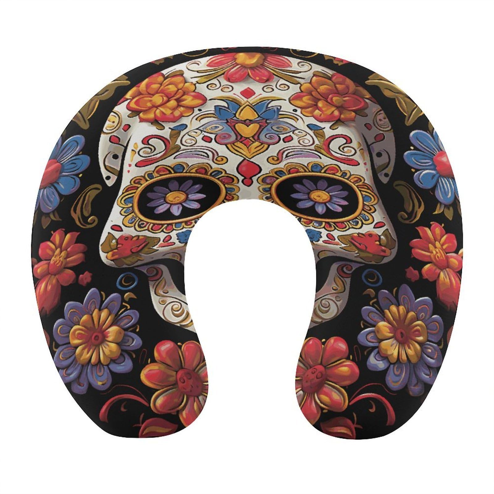 FekiLoot Sugar Skulls Travel Pillow U Shaped Neck Pillow Comfortable Memory Foam Pillow Portable Soft Headrest Lightweight Neck and Head Support for Planes Trains Self-Driving Cars