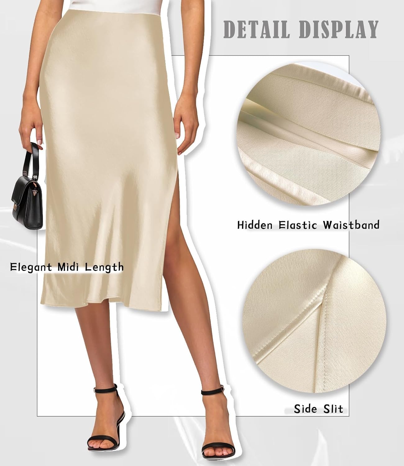Satin High Waisted Midi Skirt Elastic Waistband Side Slit A Line Wedding Casual Skirts for Women - Image 3