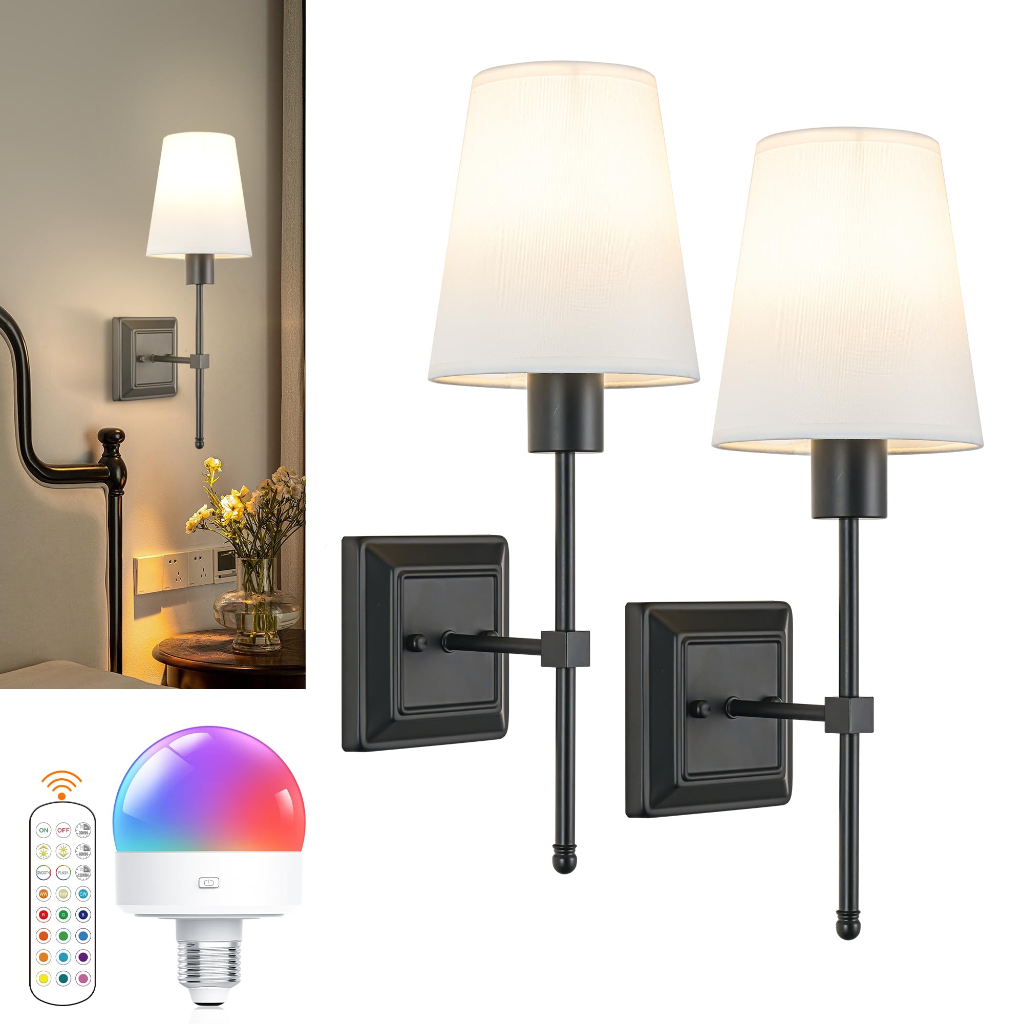 OYLYW Battery Operated Wall Sconce Light Set of 2, Rechargeable Wireless Black Wall lamp with Dimmable Remote Control, Indoor Wall Light with White Fabric Shade(RGB Bulb Included)
