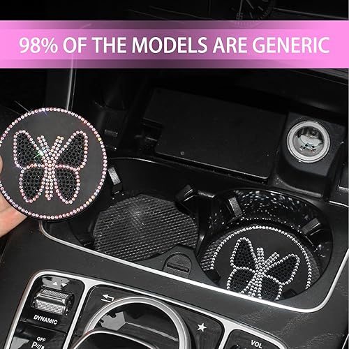 Miniatura 6 de ZBGUN 2 posavasos brillantes para consola de automóvil, 2.75 pulgadas, incrustados de diamantes de imitación, en forma de mariposa, PVC, goma suave,